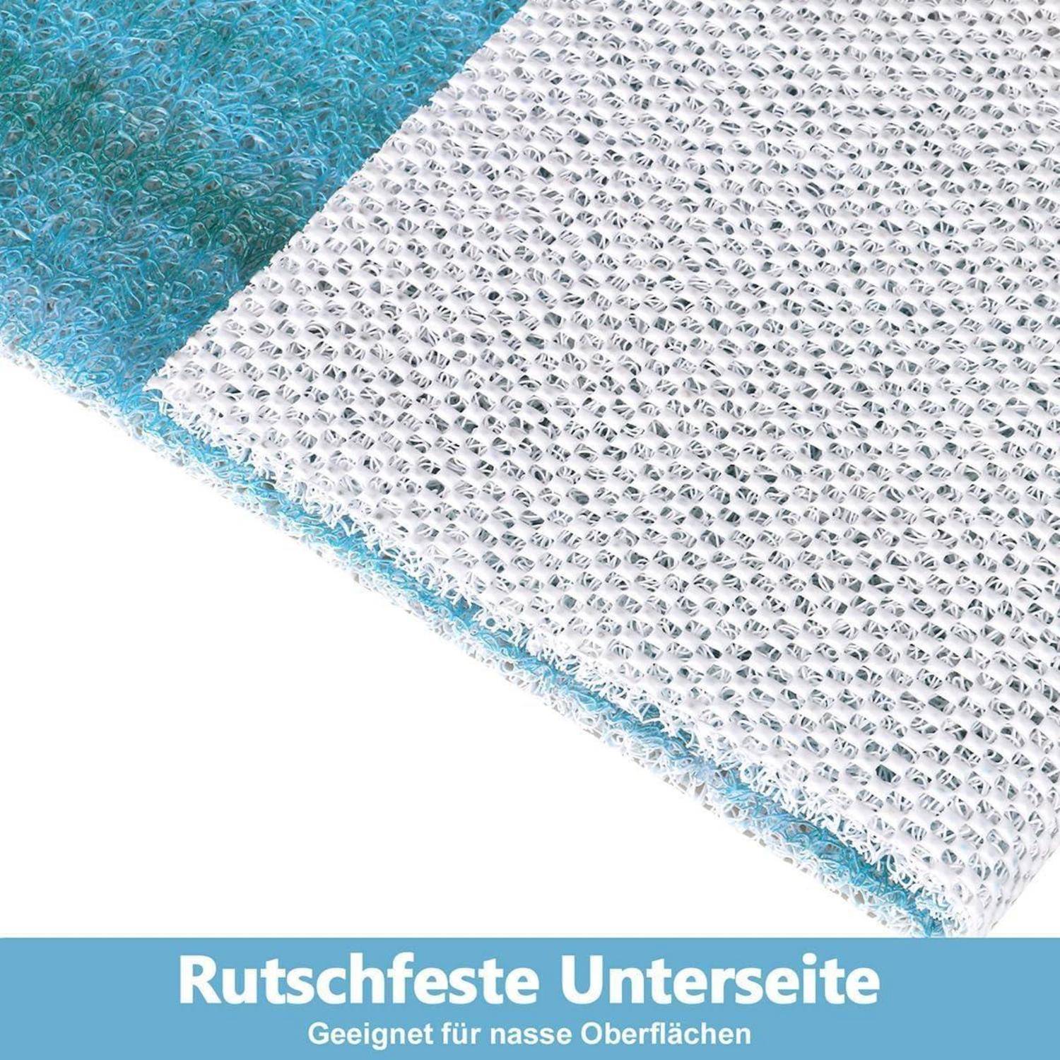 Nahaufnahme einer blau-weißen rutschfesten Matte mit dem deutschen Text 'Rutschfeste Unterseite' und 'Geeignet für nasse Oberflächen', die eine rutschfeste Unterseite für nasse Oberflächen anzeigt.