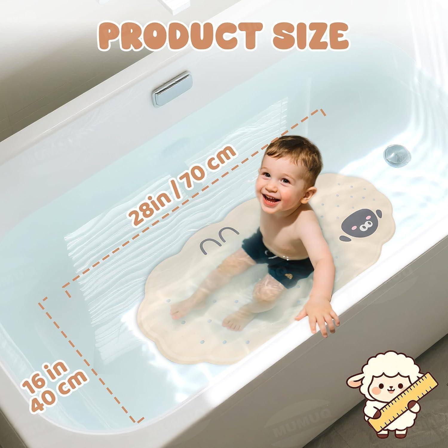 Illustration eines Babys in einer Badewanne, die die Produktgröße zeigt: 28 Zoll/70 cm lang und 16 Zoll/40 cm breit.