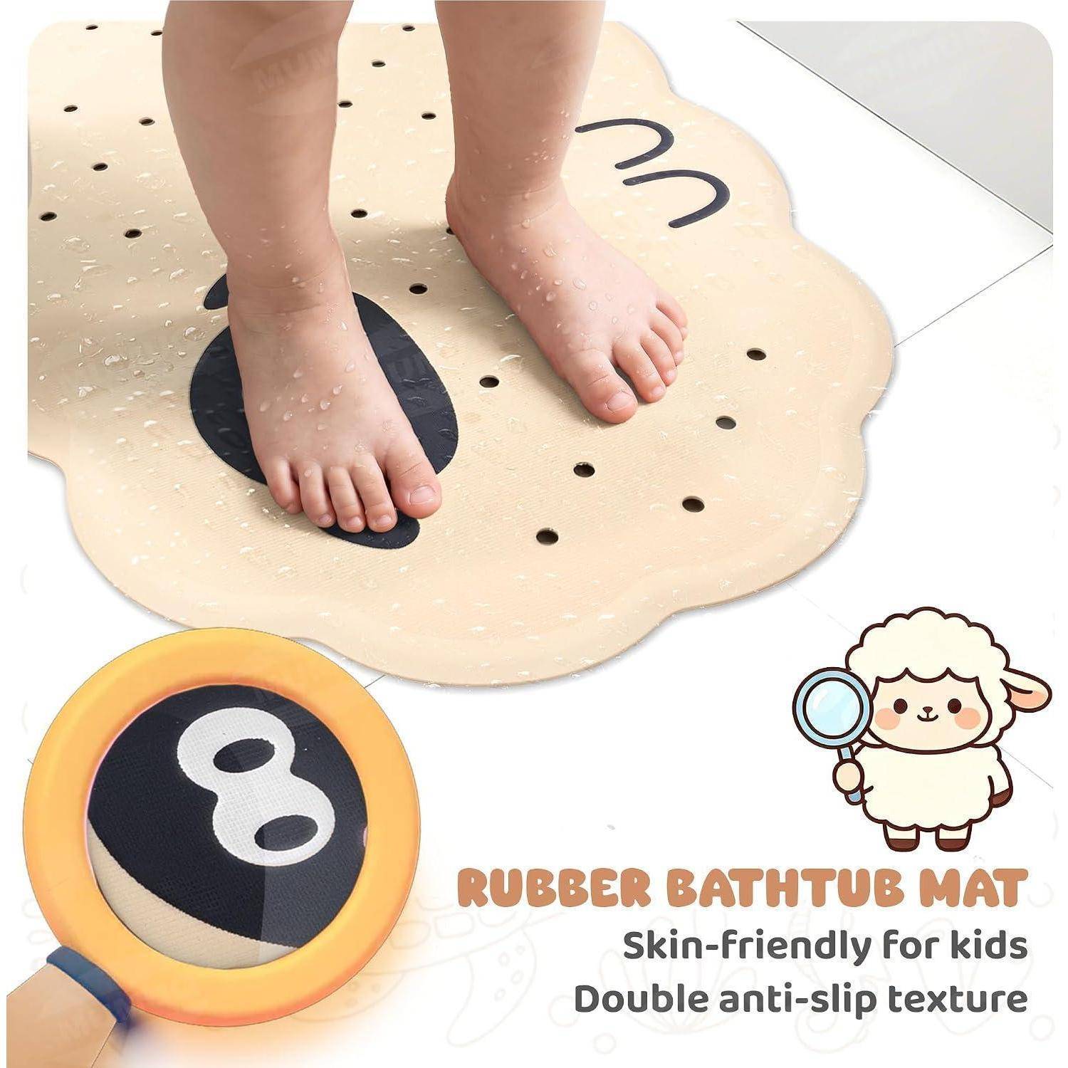 Rutschfester Gummi-Badewannenmatte für Kinder mit Saugnapfpunkten; ein Kind steht darauf, und das Bild bewirbt ein hautfreundliches doppeltes Rutschsicherheitsdesign.