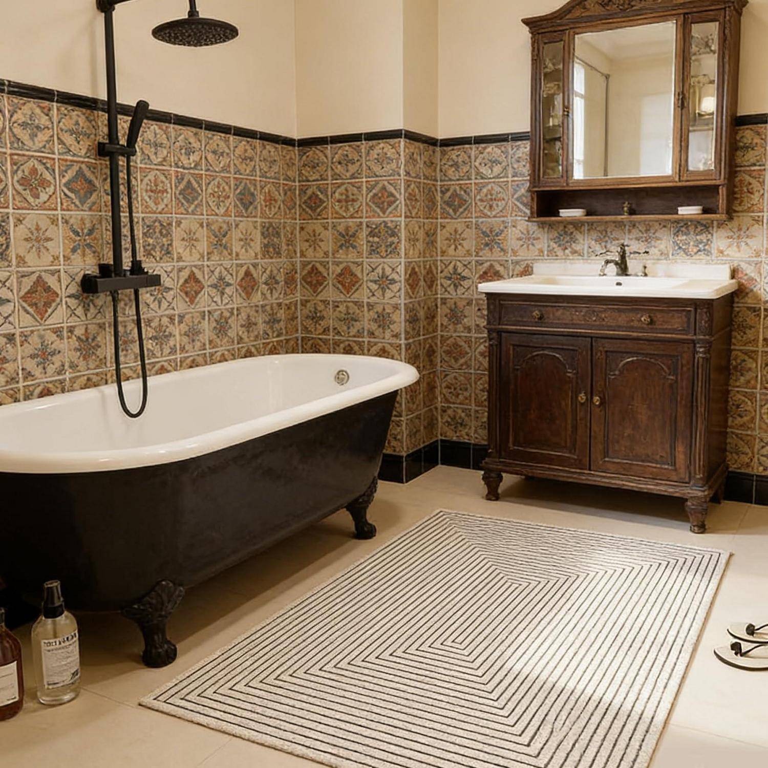 Traditionelles Badezimmer mit einer Badewanne mit Löwenfüßen, Dusche, verziertem Waschtisch mit Spiegel, gemusterten Fliesenwänden und einem gestreiften Teppich auf dem Boden.