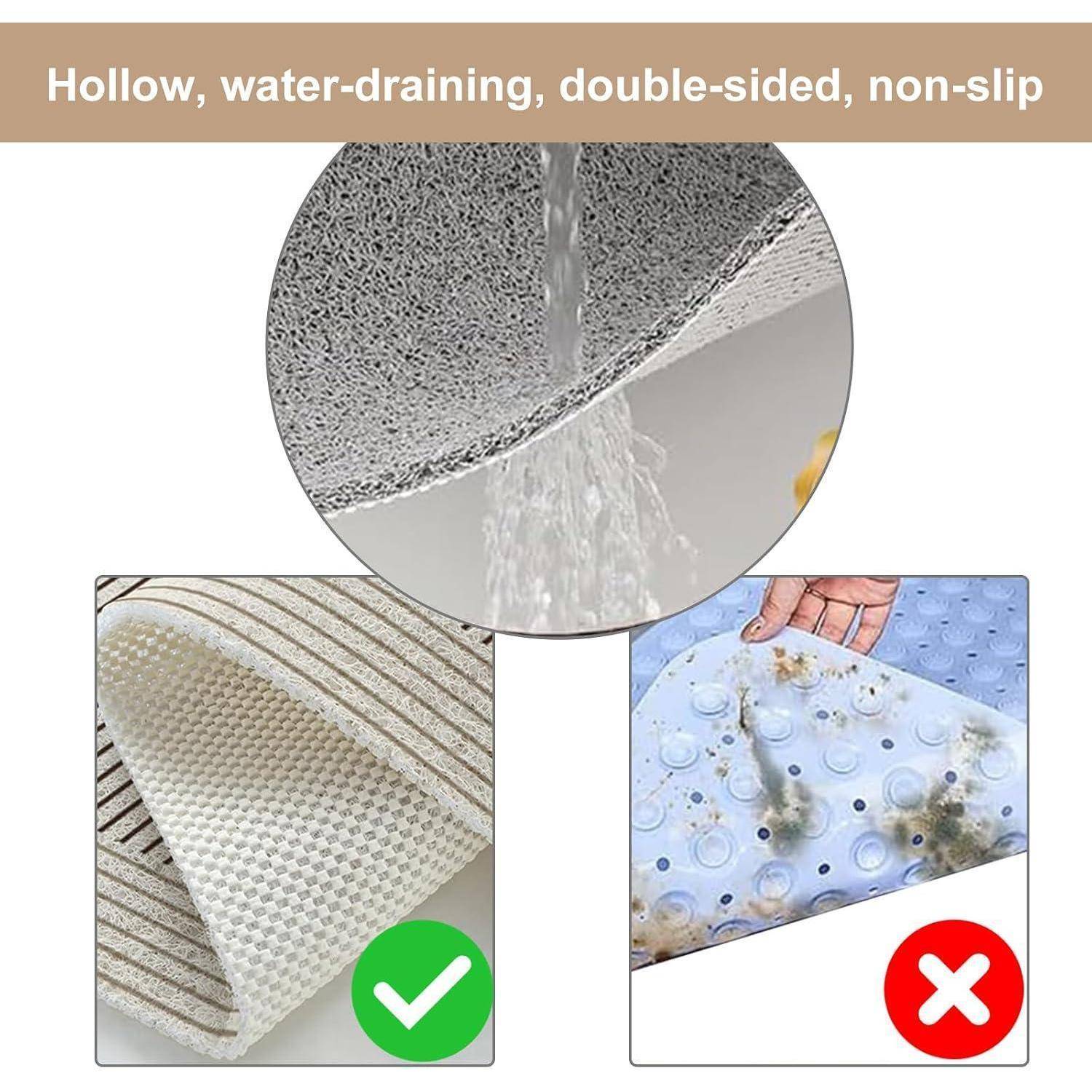 Produktgrafik mit einer hohlen, wasserdurchlässigen, beidseitigen Antirutsch-Matte; Nahaufnahme zeigt die Drainage, mit einer mit Häkchen versehenen trockenen Seite und einer nassen, schmutzigen Seite, die als falsch markiert ist.