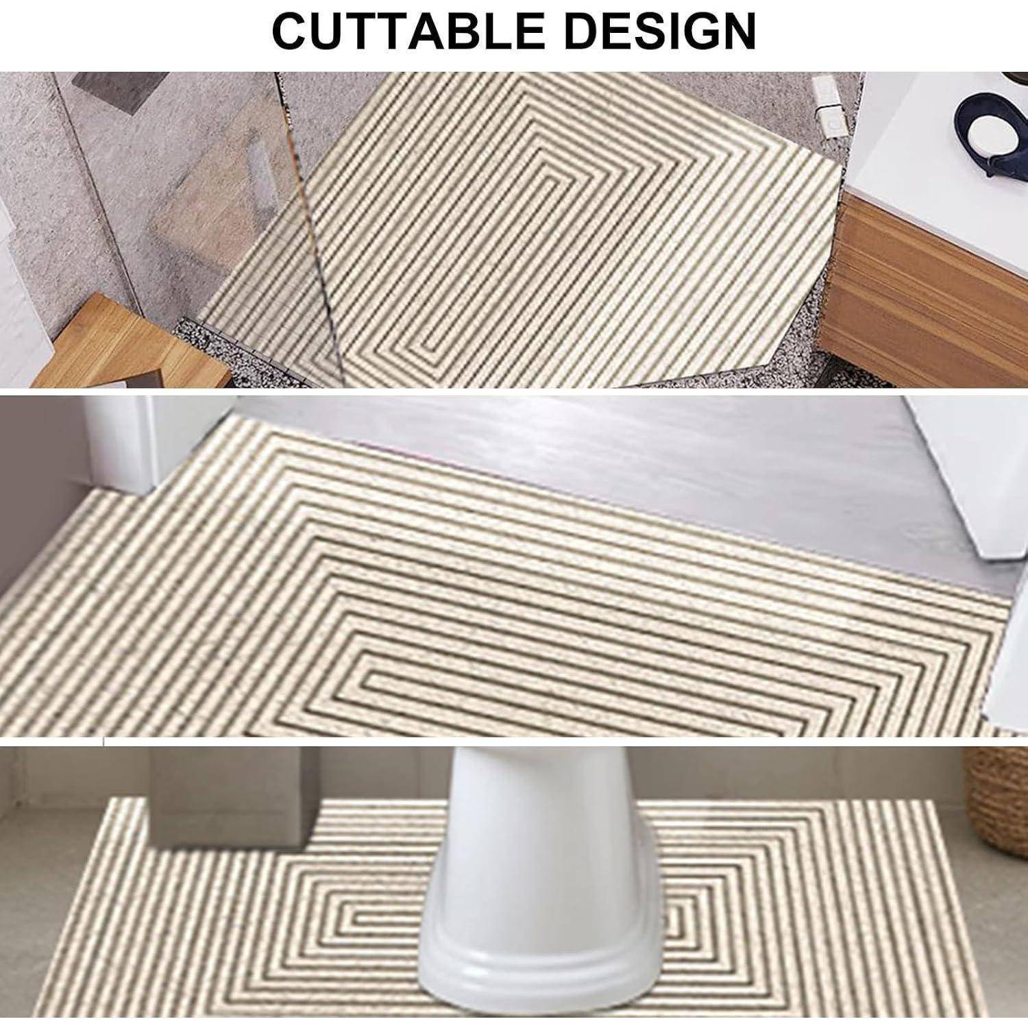 Zuschneidbares Teppichdesign in drei Beispielen dargestellt, mit einem gestreiften geometrischen Muster, das zum Anpassen an verschiedene Raumgrößen und -formen gekürzt werden kann.