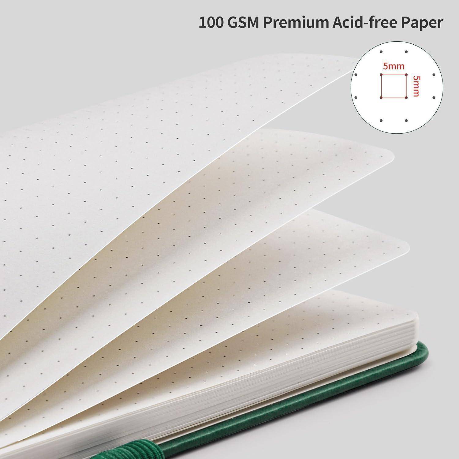 Stapel gepunkteter, säurefreier Papierseiten mit 100 GSM und 5 mm Punktabstand, dargestellt in einem produktfoto im Notizbuchstil.