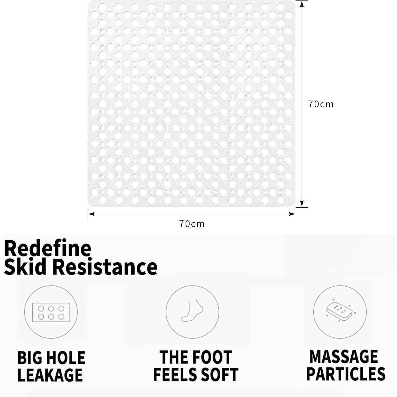 70 cm großes quadratisches perforiertes rutschfestes Unterlegmatte; Grafik hebt große Loch-Drainage, weiches Fußgefühl und Massagepartikel hervor.