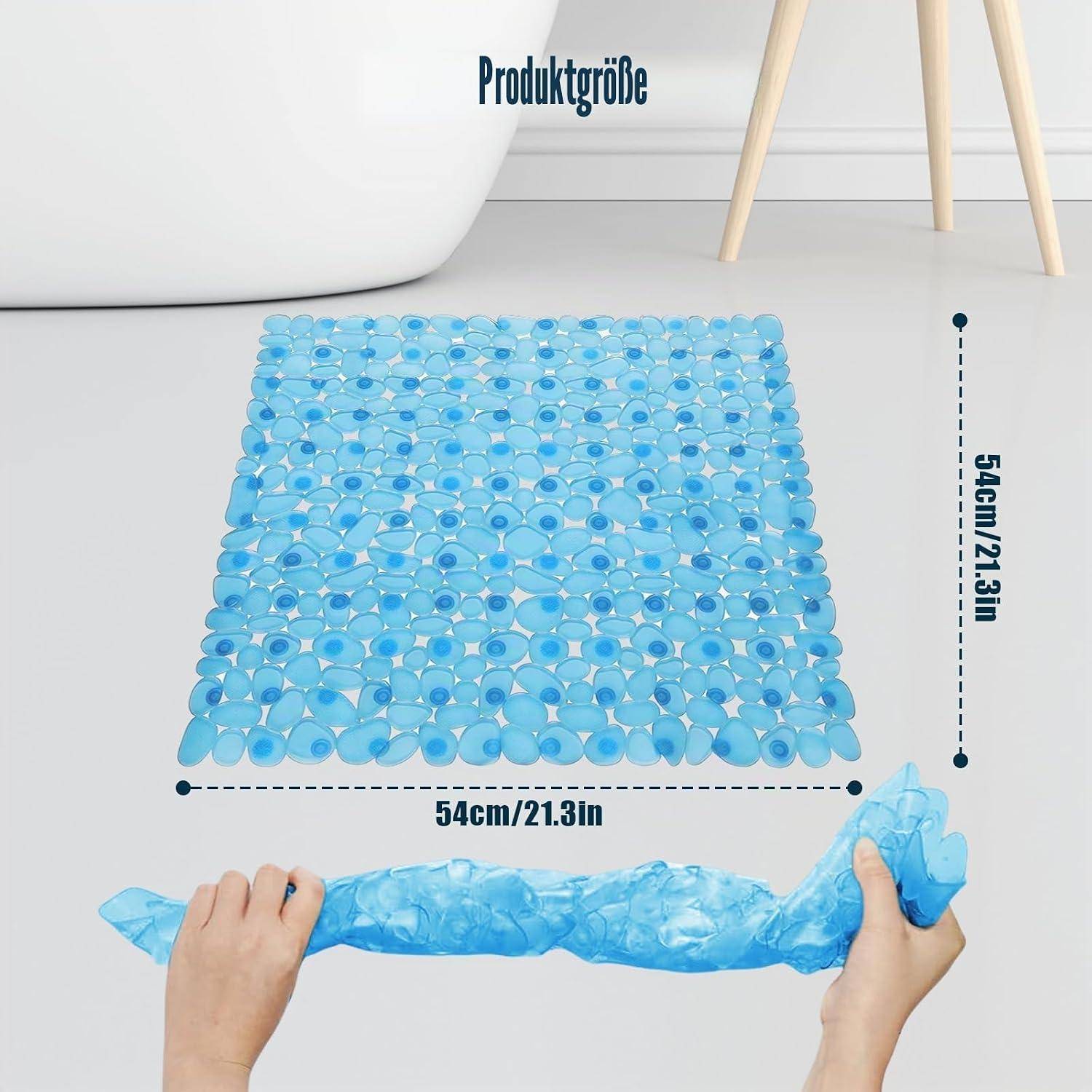 Blaue Luftpolsterfolienmatte, gezeigt als Quadrat von 54 cm x 54 cm, mit Händen, die das Material dehnen, um die Produktgröße zu demonstrieren.