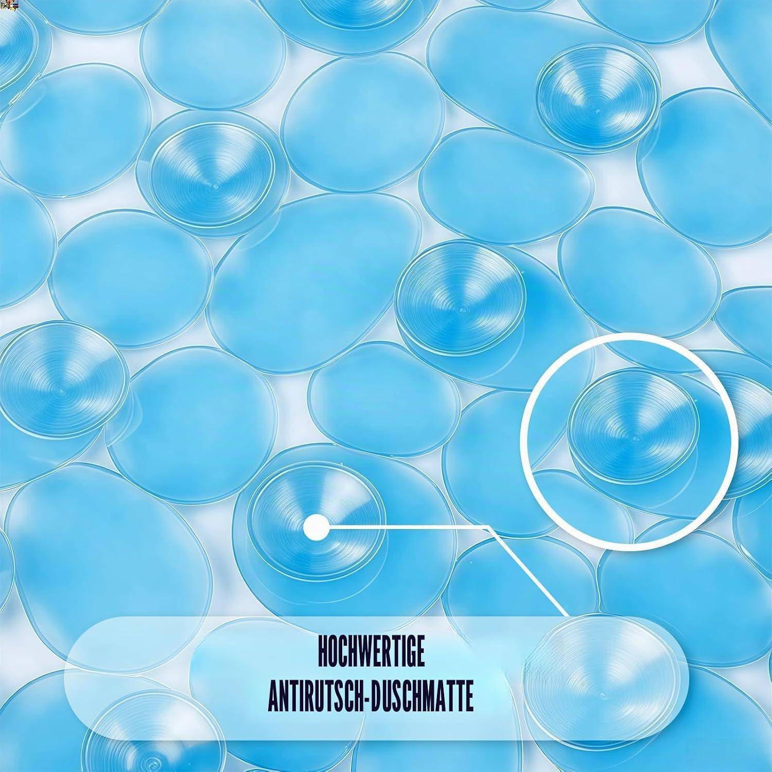 Blauefarbige Antirutsch-Badewannenmatte mit Saugnäpfen und einem hervorgehobenen Napf-Detail; Text lautet „HOCHWERTIGE ANTIRUTSCH-DUSCHMATTE