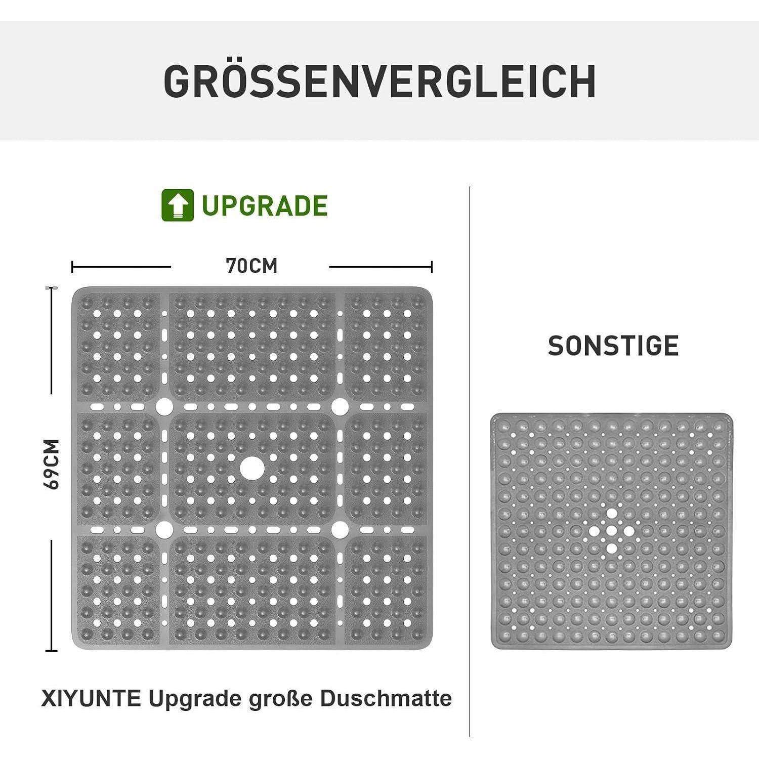 Größenvergleich-Grafik zeigt Xiyunte 'Upgrade' großer Badezimmermatte, 70 cm breit x 59 cm hoch, im Vergleich zu einer kleineren 'Sonstige' Matte.