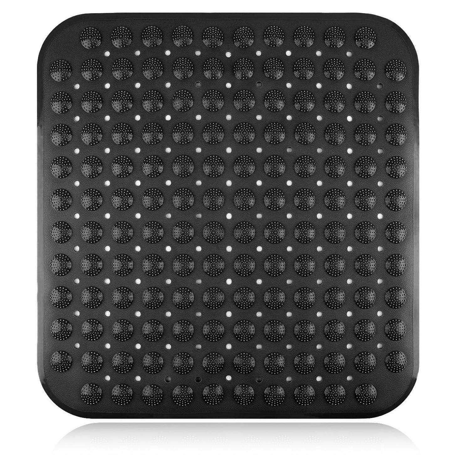 Schwarze quadratische Silikonmatte mit einem Raster aus erhabenen kreisförmigen Noppen, isoliert auf weißem Hintergrund dargestellt.