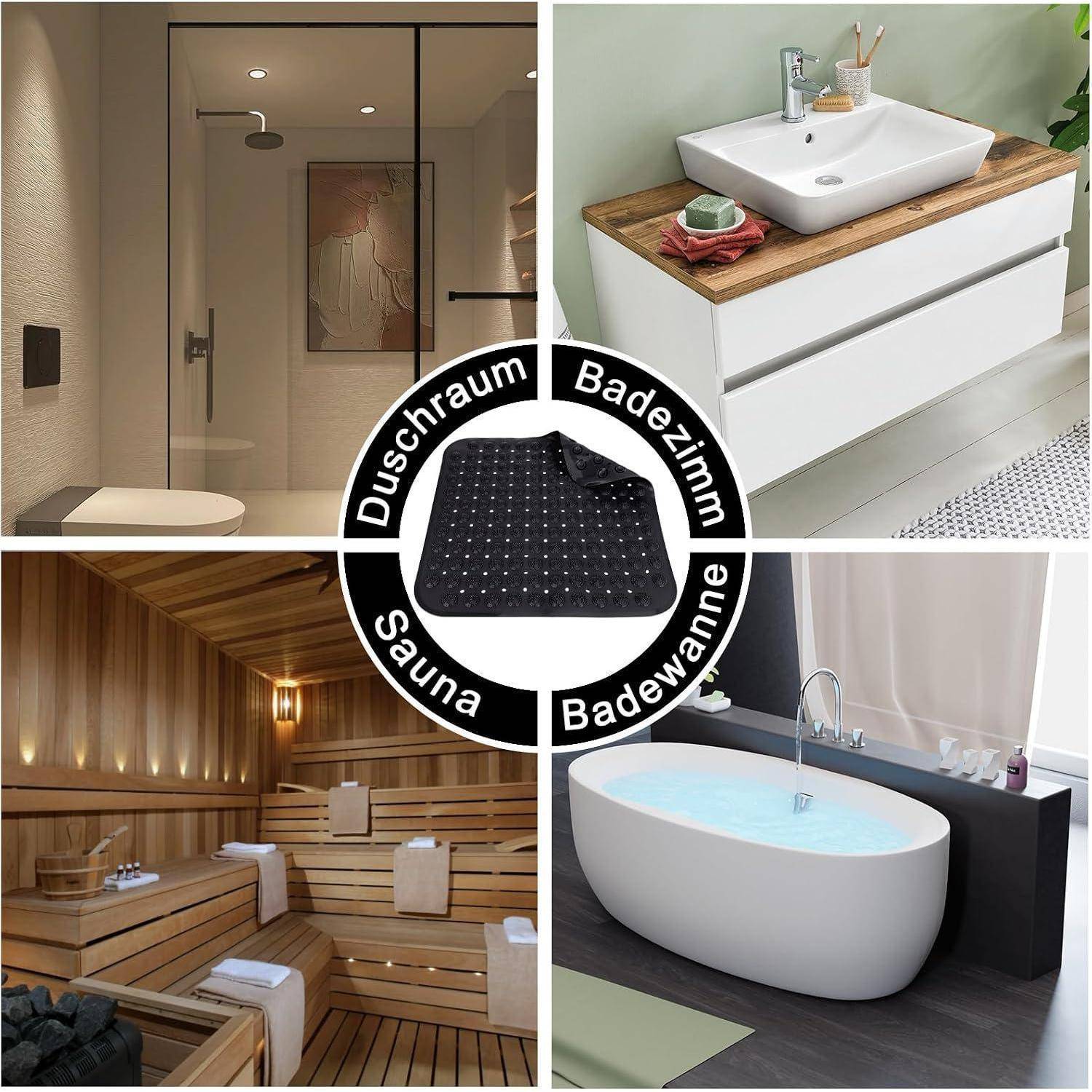 Collage von Badezimmer- und Saunafunktionen: Duschraum, Waschtischanlage, Holzsauna und freistehende Badewanne um eine zentrale Duschmatte mit deutscher Beschriftung.