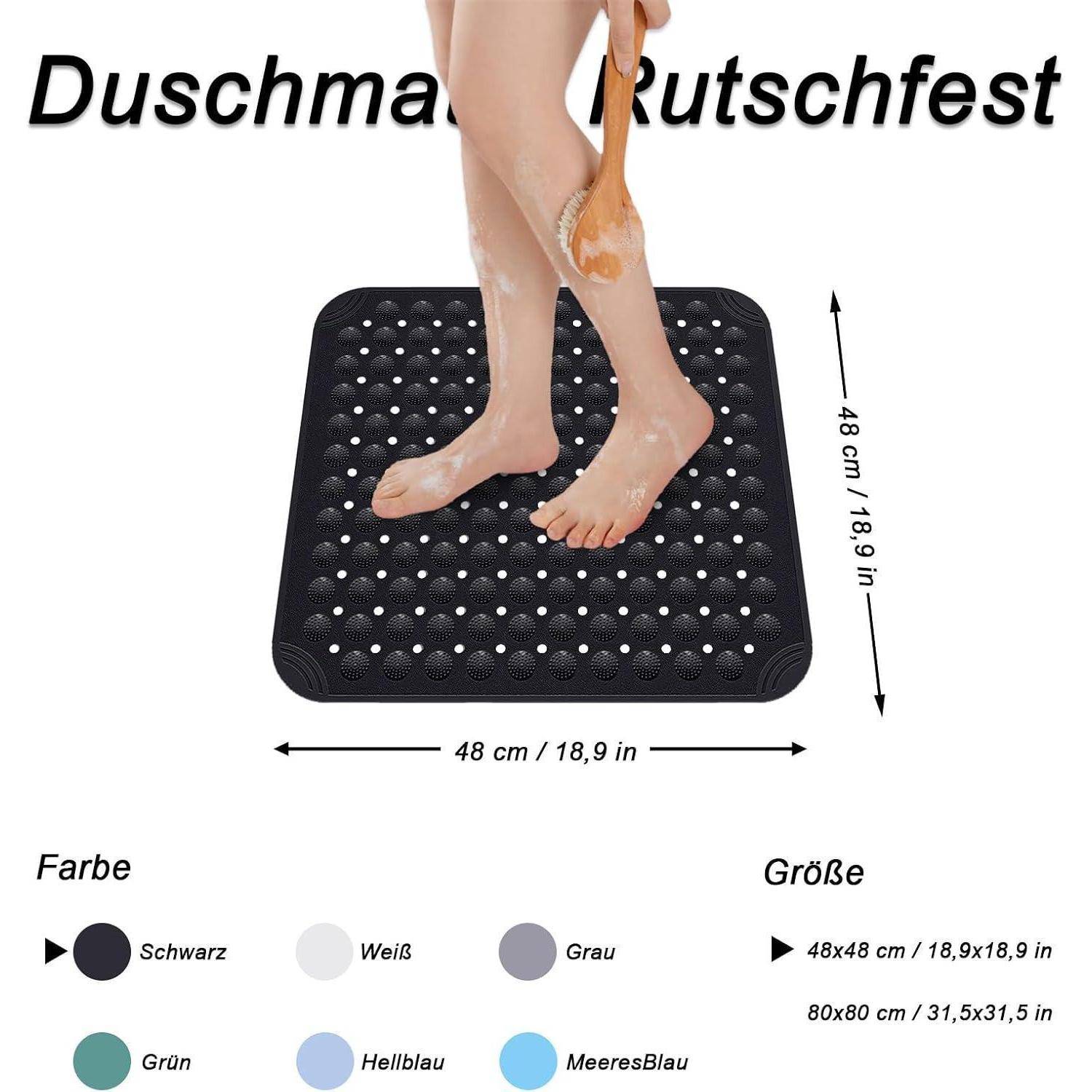 Produktbild einer quadratischen rutschfesten Duschmatte mit Saugnapfpunkten, gezeigt mit Füßen unter einer Dusche; beschriftet mit „Duschmatte rutschfest