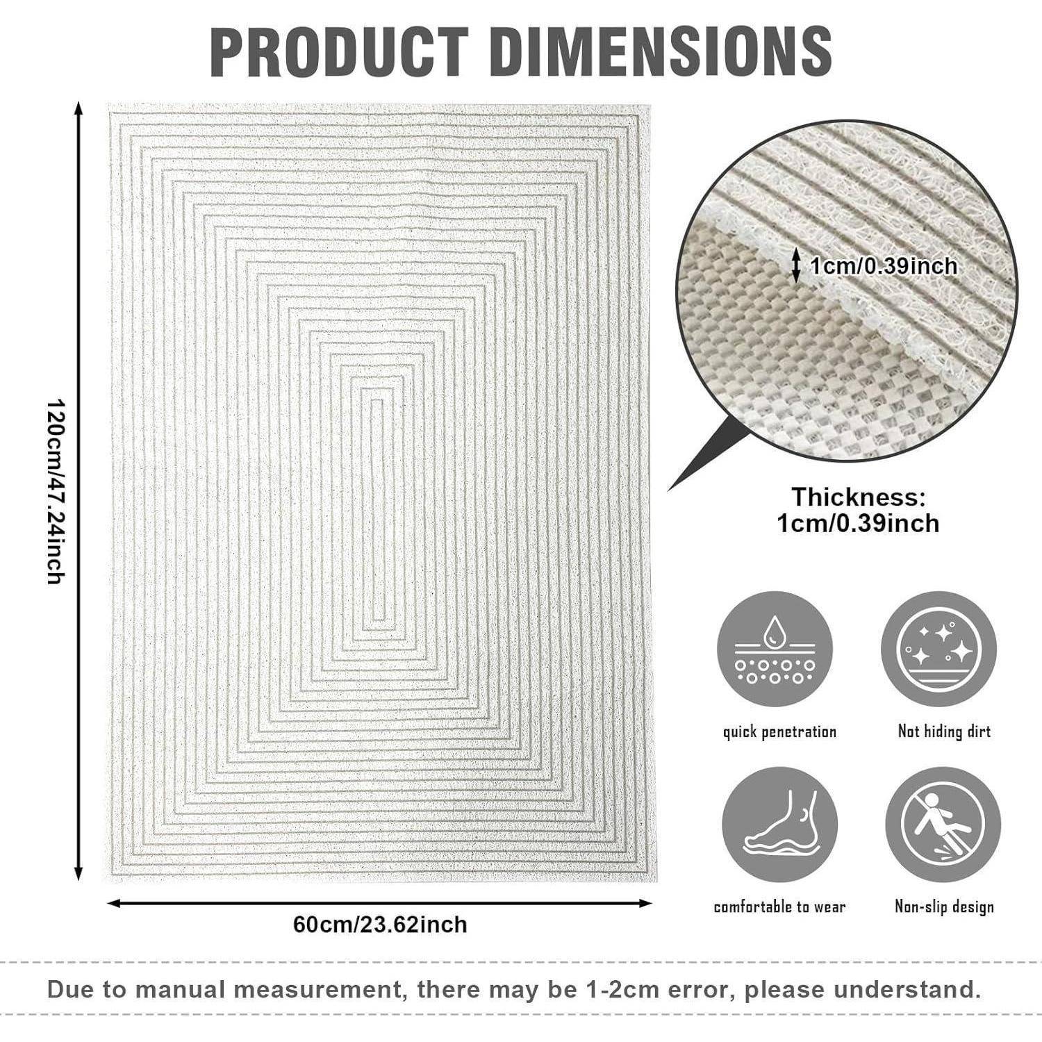 Produktdimensionsdiagramm mit einer rechteckigen Matte mit den Maßen 120 cm x 60 cm und 1 cm Dicke, mit Symbolen für schnelle Durchdringung, Schmutzbeständigkeit, Komfort und rutschfestem Design.