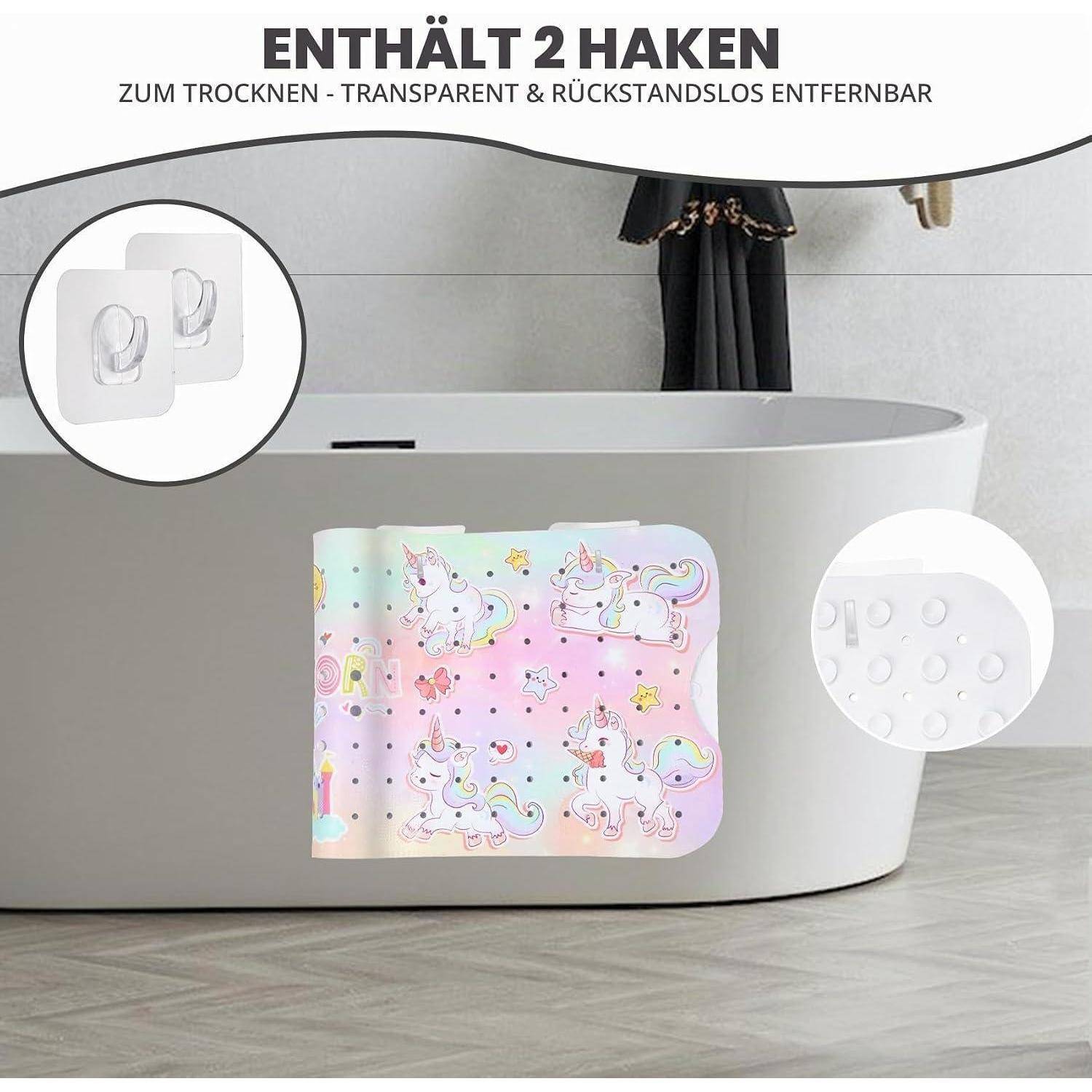Badewannensticker mit Einhorn-Muster, gezeigt mit zwei transparenten Klebehaken; Text besagt „ENTHÄLT 2 HAKEN