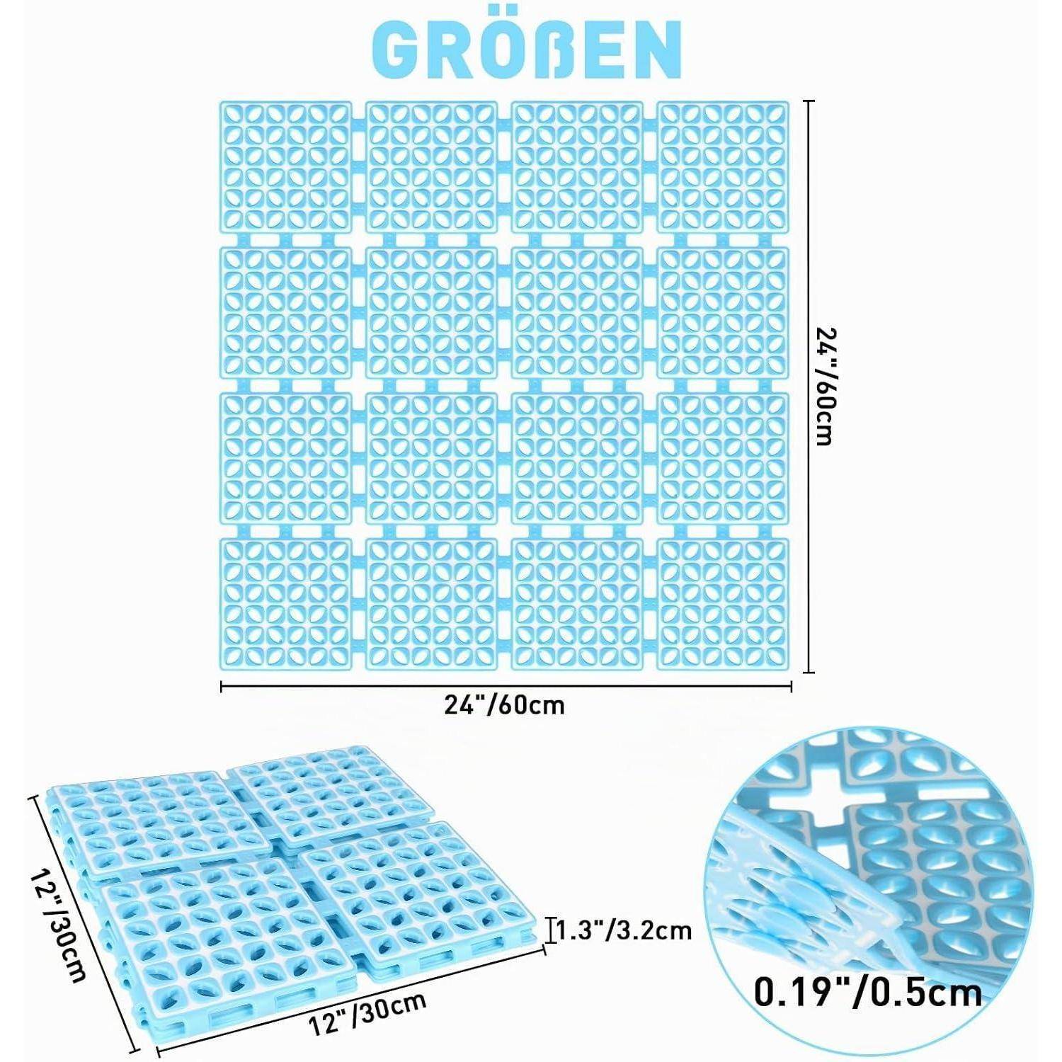 Grüne verschlungene Bodenmatte in einem quadratischen Layout von 24 x 24 Zoll, mit Abmessungen und Nahaufnahmedetail der strukturierten Fliesen.
