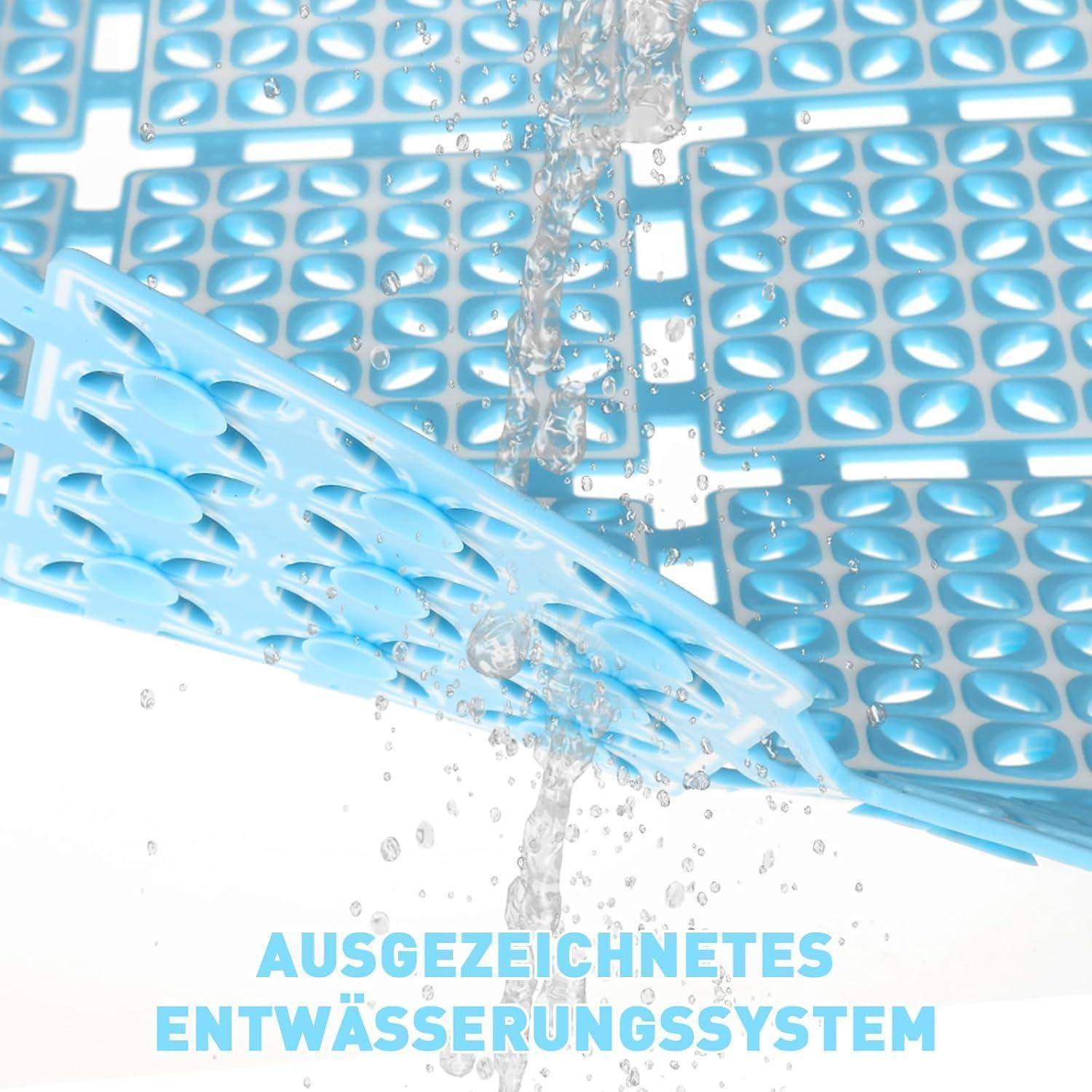 Blaue Drainagematte mit Wasser, das durchfließt, und deutschem Text mit der Aufschrift „AUSGEZEICHNETES ENTWÄSSERUNGSSYSTEM