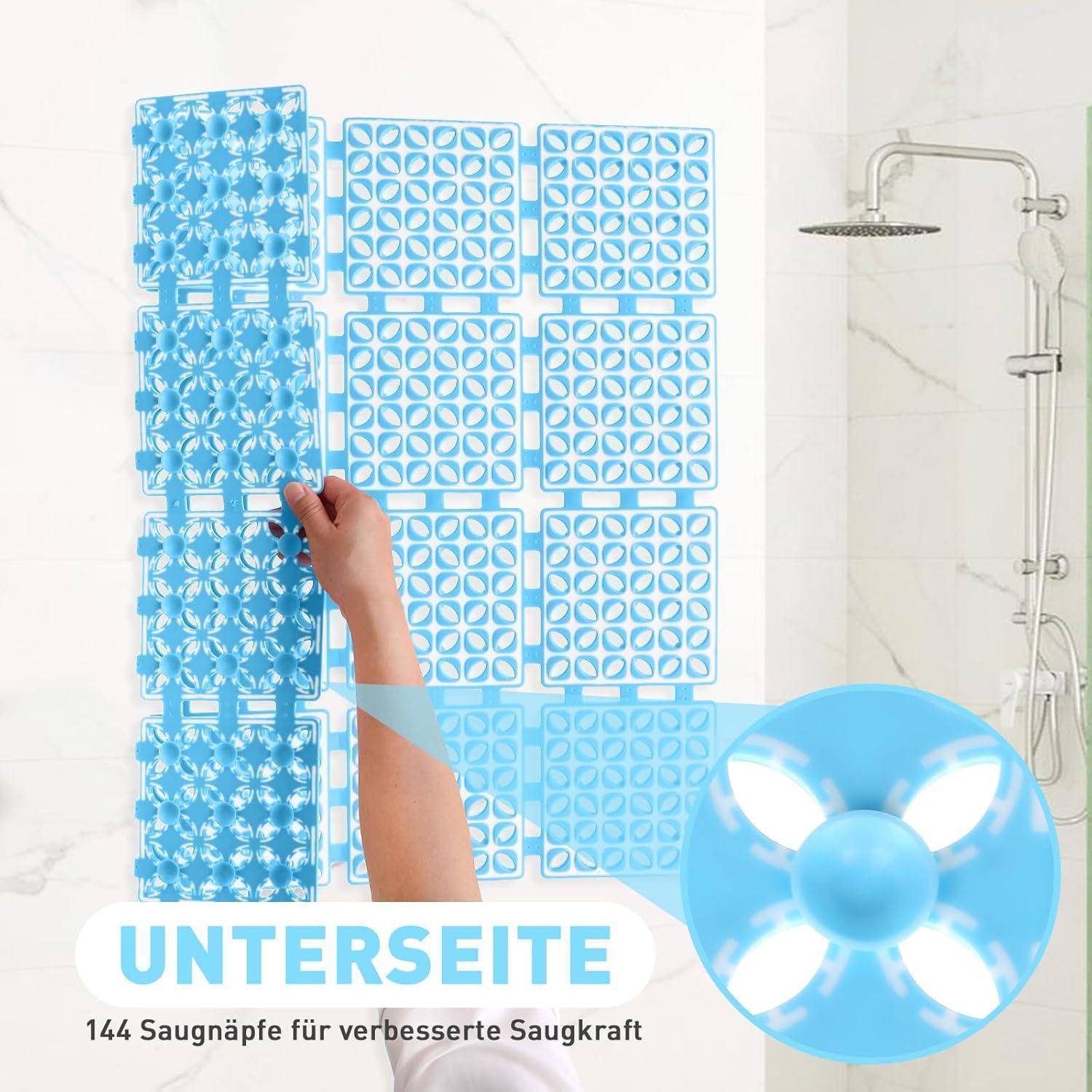 Person, die eine blaue Silikonhaftmatte von einer Badezimmerwand abzieht, mit der Beschriftung „UNTERSEITE