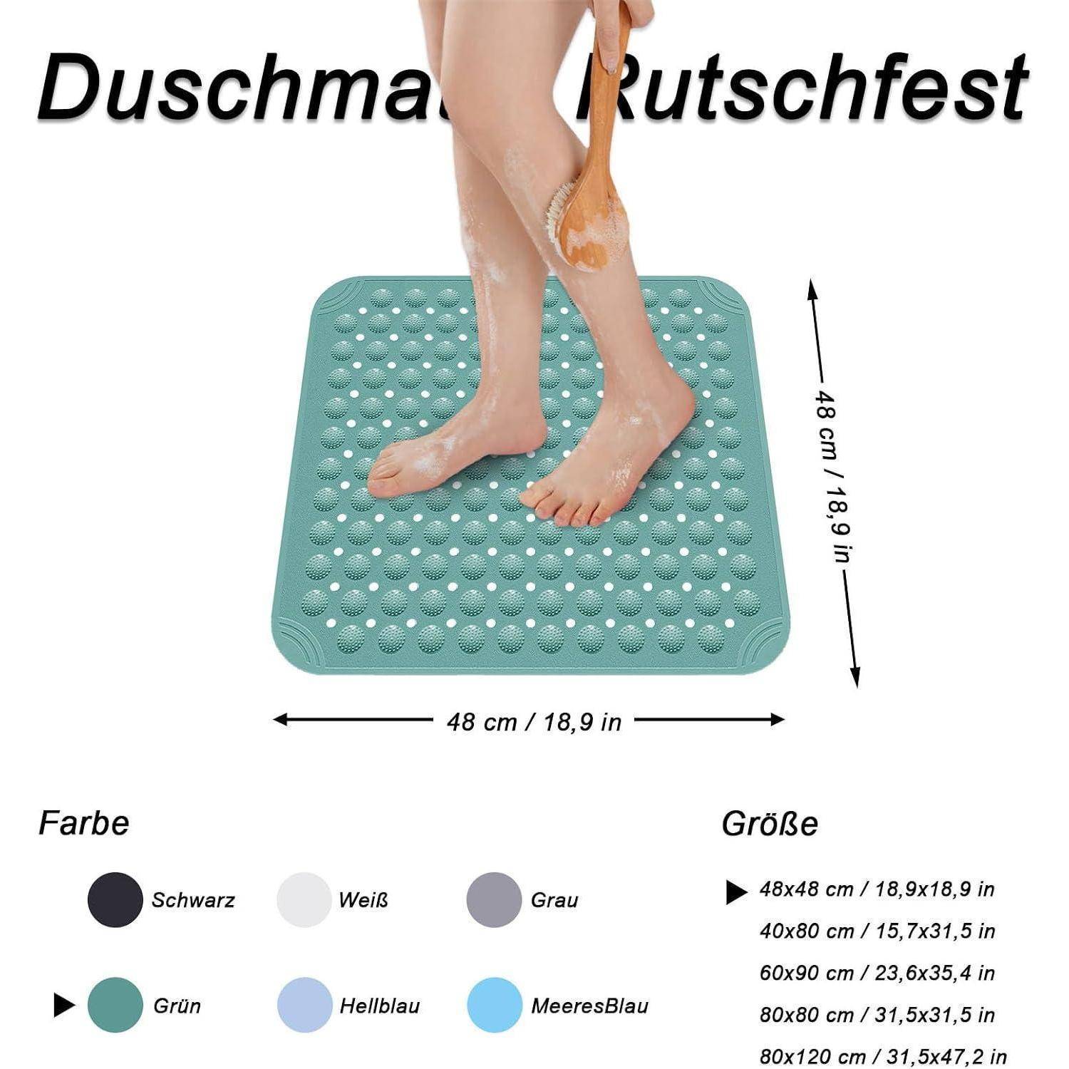 Produktbild einer grünen rutschfesten Duschmatte, die in einer Dusche verwendet wird; beschriftet mit „Duschmatte Rutschfest
