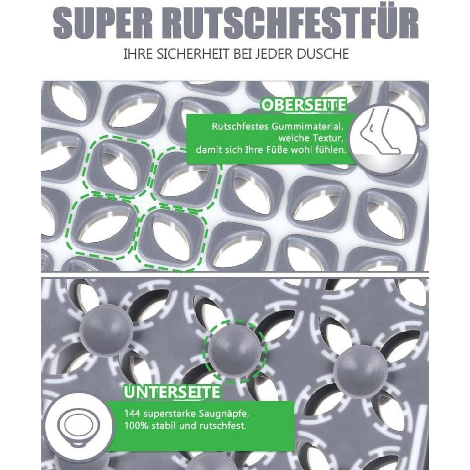 Deutsches Angebot für eine Badewannenmatte, die oben und unten zeigt: rutschfeste Gummieoberfläche und 144 super starke Saugnapfe für sicheren Halt in der Dusche.