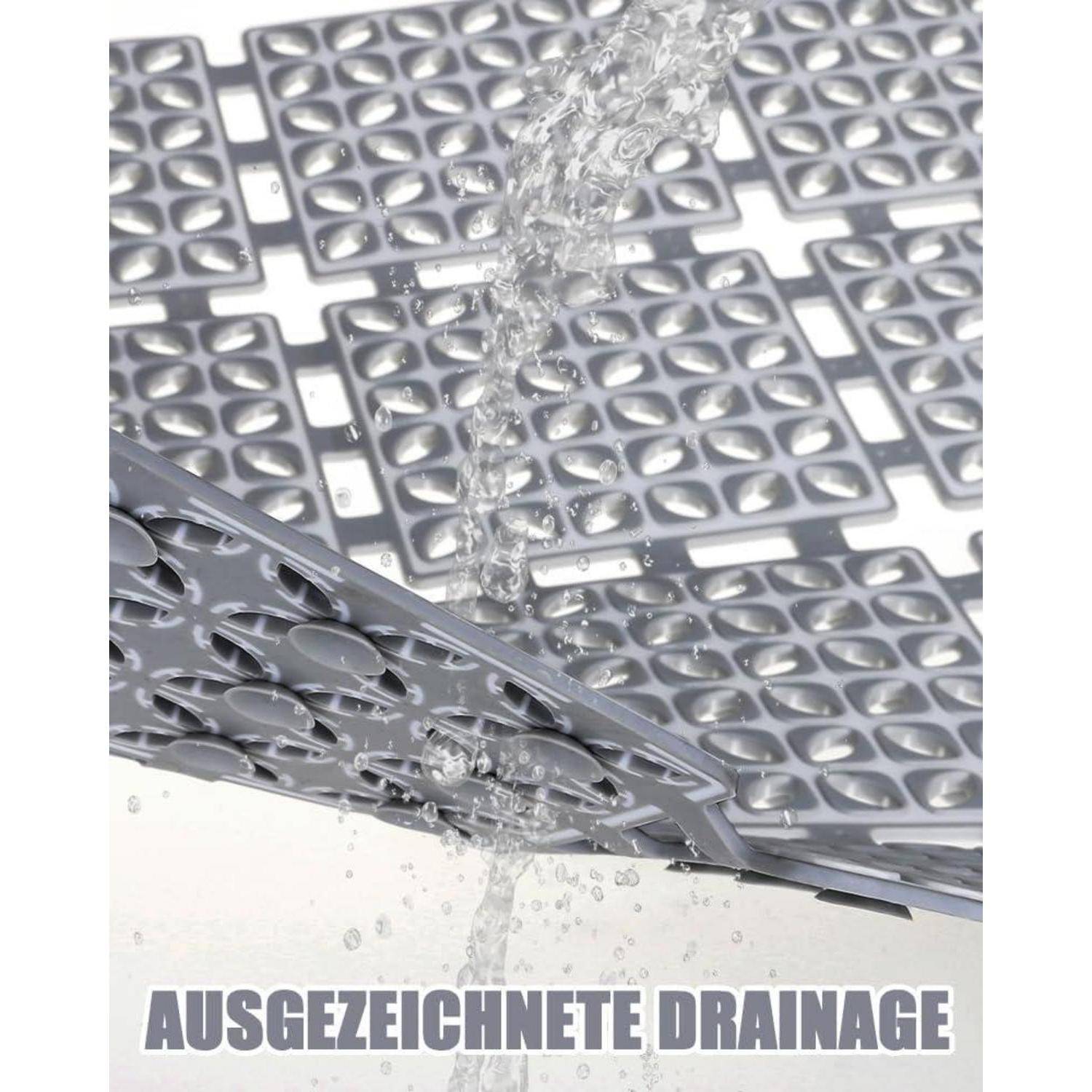 Wasser fließt durch eine perforierten Oberfläche, was eine ausgezeichnete Drainage veranschaulicht; deutscher Text lautet „AUSGEZEICHNETE DRAINAGE