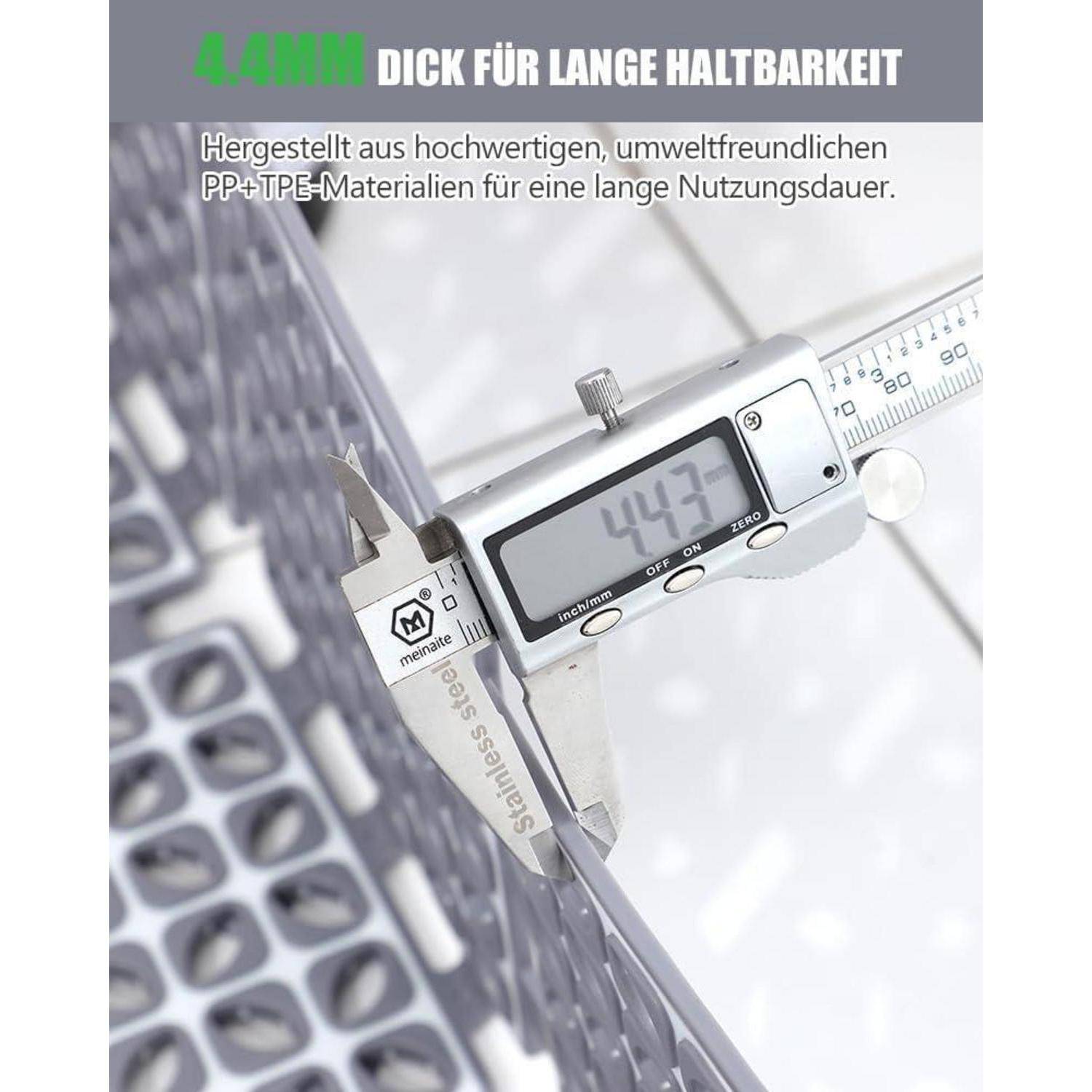 Digitale Schieblehre misst ein Kunststoffgitter, mit deutschem Text, der eine Dicke von 0,4 mm und langlebiges, umweltfreundliches PP+TPE-Material bewirbt.