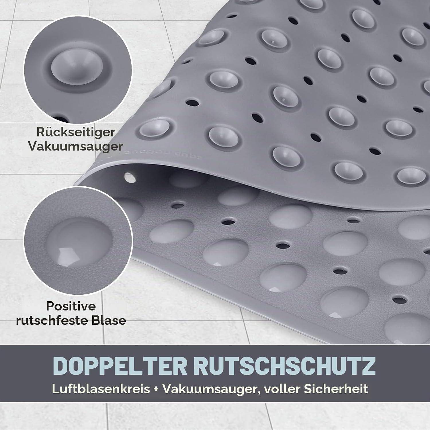 Deutsches Produktgraphik einer Antirutschmatte mit doppeltem Grip: Vakuumsaugnapf auf der Unterseite und Luftbläschen-Textur oben für Sicherheit.