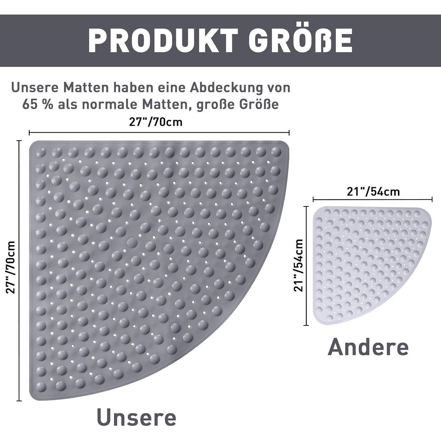 Größenvergleich-Grafik zeigt "Unsere"" Matte größer als ""Andere""; unsere misst 27 x 27 Zoll/70 cm und deckt 65% mehr Fläche ab als eine 21 x 21 Zoll/54 cm Matte.