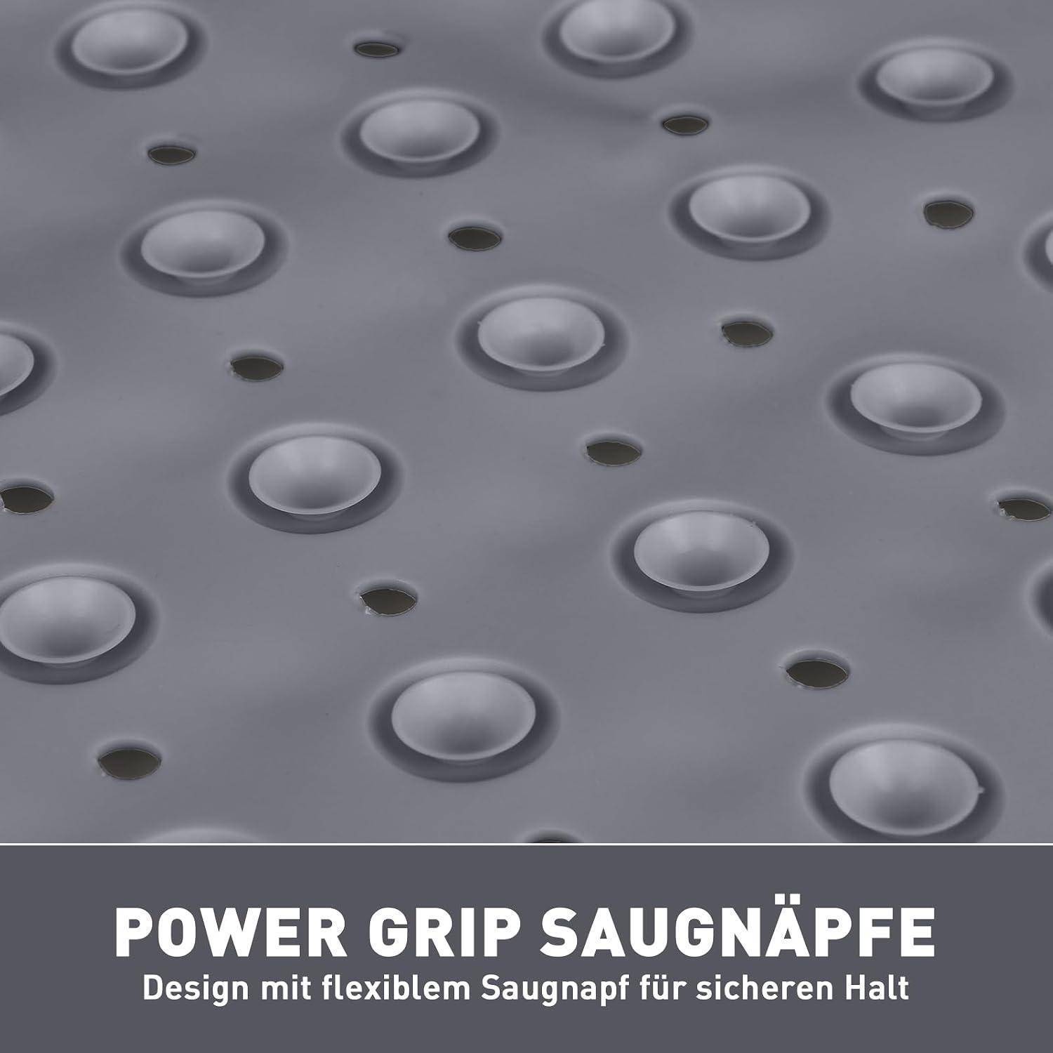 Nahaufnahme von grauen Saugnapfgriffen mit der Aufschrift "POWER GRIP SAUGNÄPFE"" und ""Design mit flexiblem Saugnapf für sicheren Halt"".