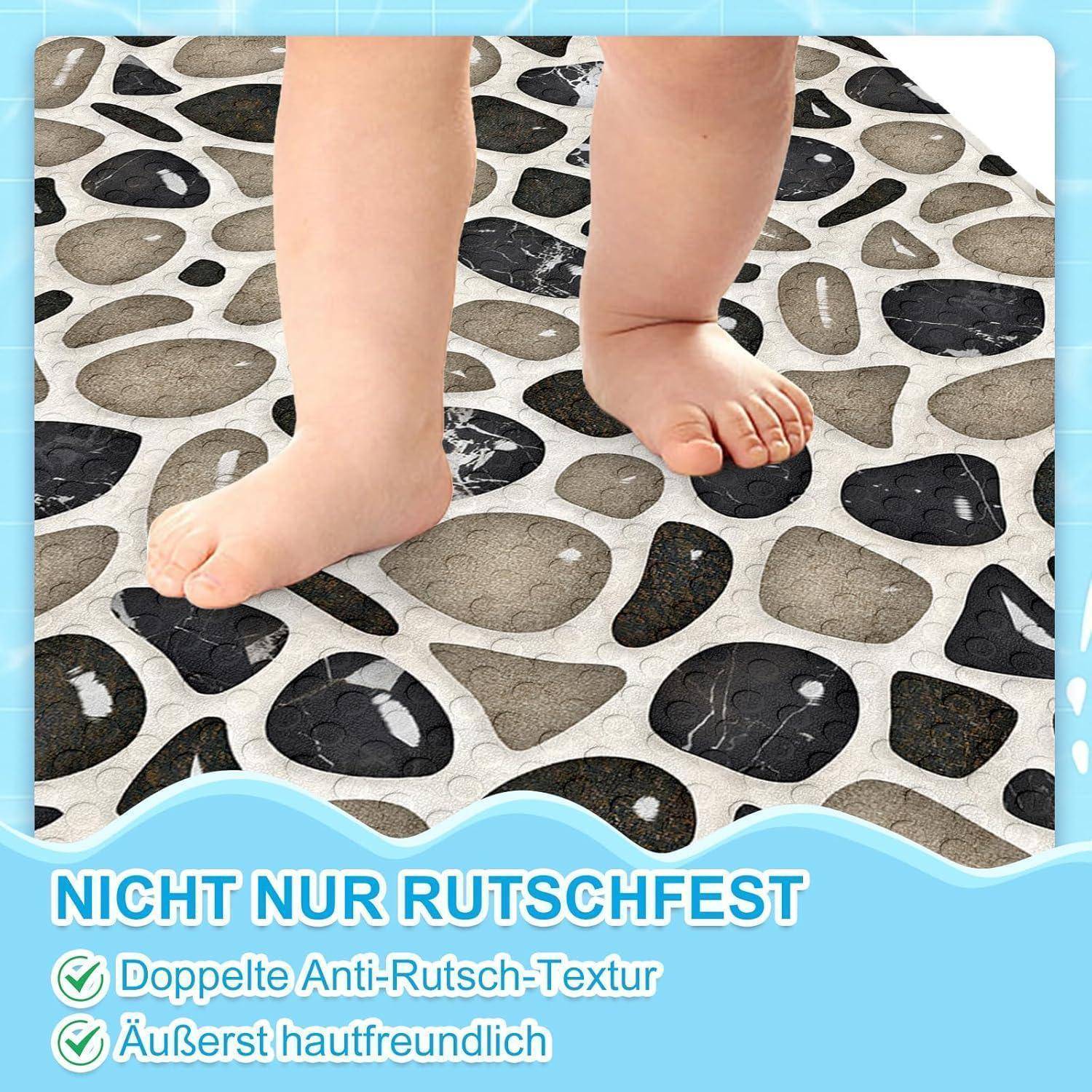 Babyfüße stehen auf einer strukturierten rutschfesten Matte; deutscher Text sagt 'nicht nur rutschfest' und 'doppelte Anti-Rutsch-Textur', 'äußerst hautfreundlich'.