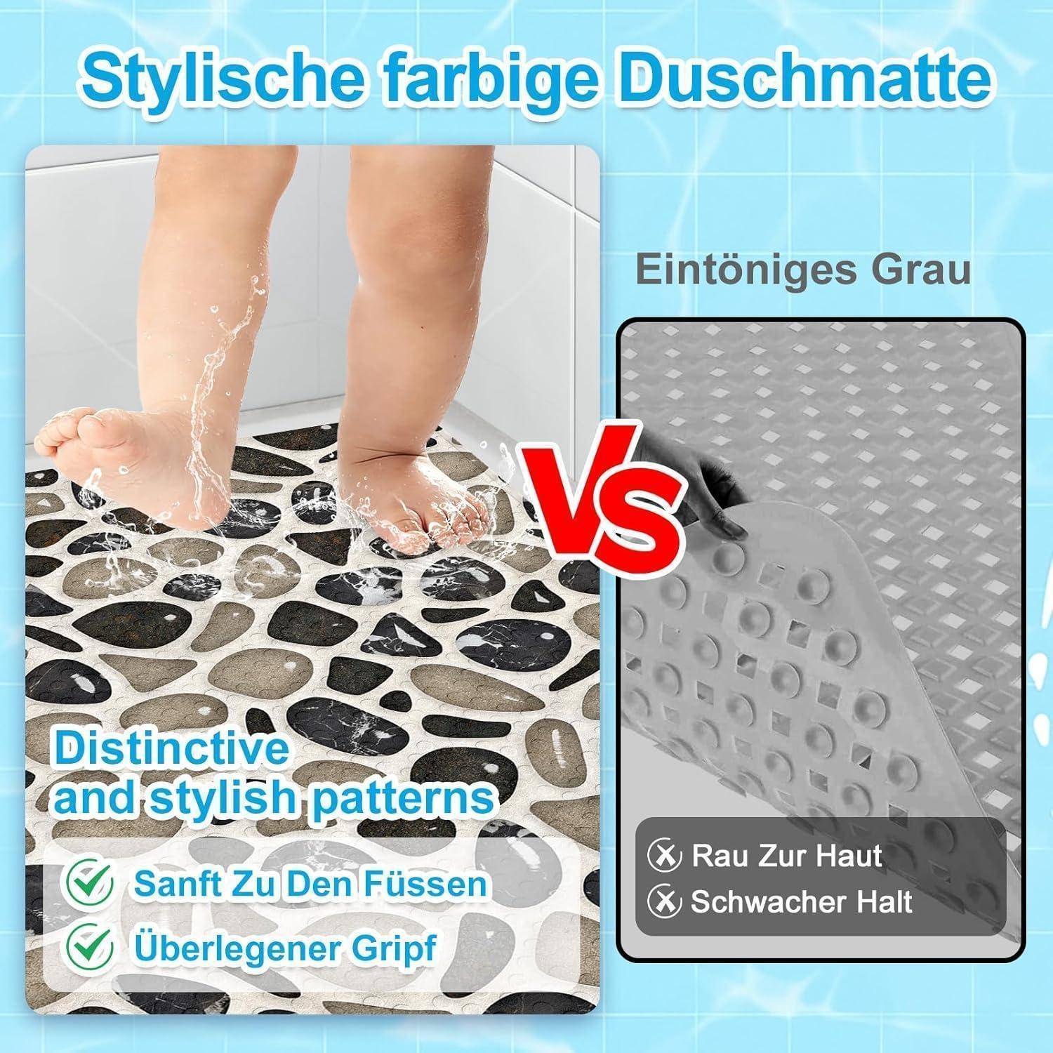 Anzeige zum Vergleich von gemusterten und einfarbigen Badematten: Die farbige Matte bietet ein weiches Gefühl und überlegenen Grip, die graue Matte ist rau und rutschig.