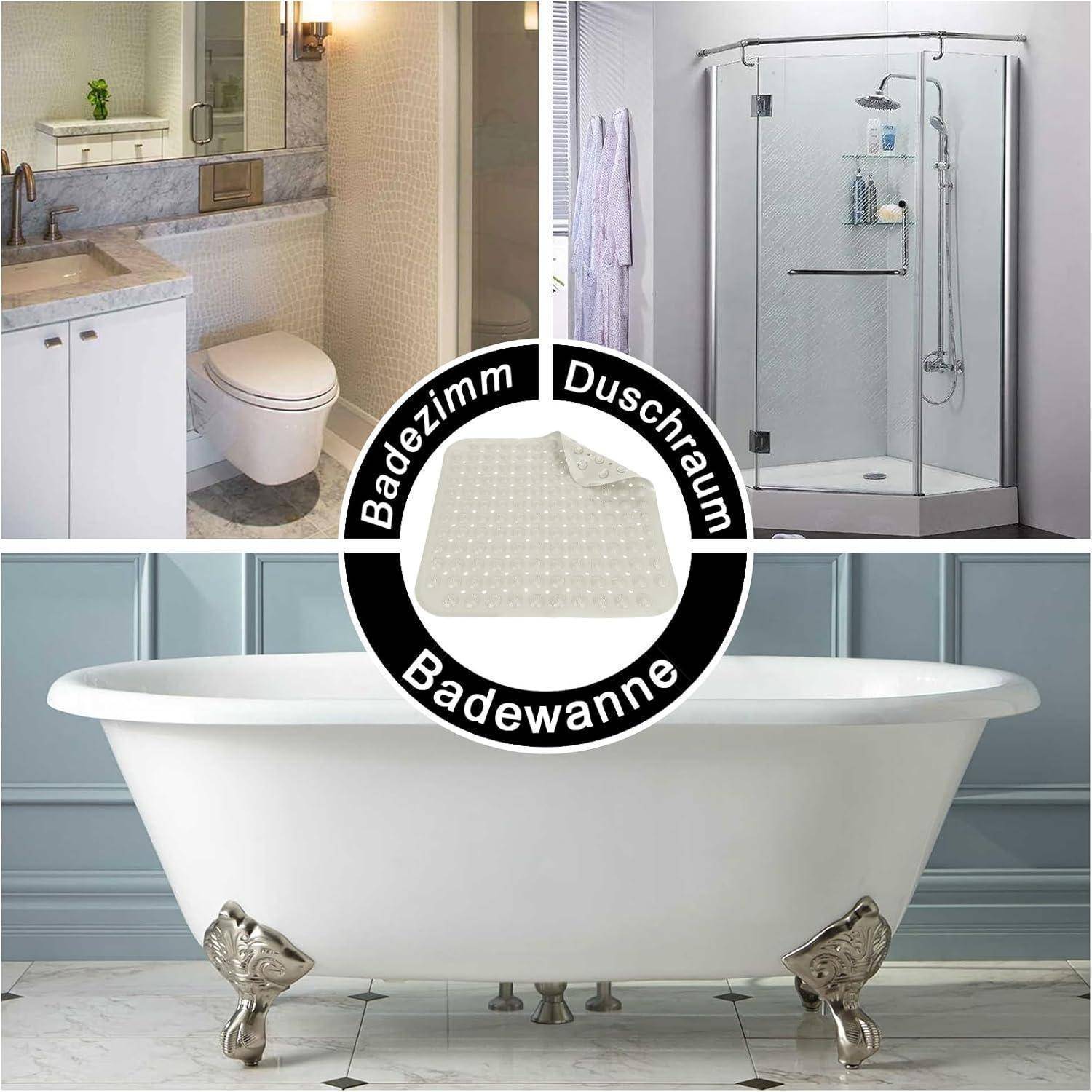 Collage einer Badematte, die im Badezimmer, in der Dusche und in der Badewanne gezeigt wird; kreisförmige Etiketten lesen „Badezimmer
