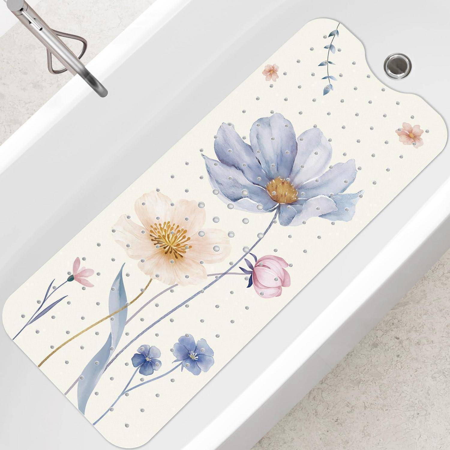 Weißer Badewanneneinsatz mit Blumenmuster mit blauen, rosa und cremefarbenen Blüten und gepunkteten Akzenten.