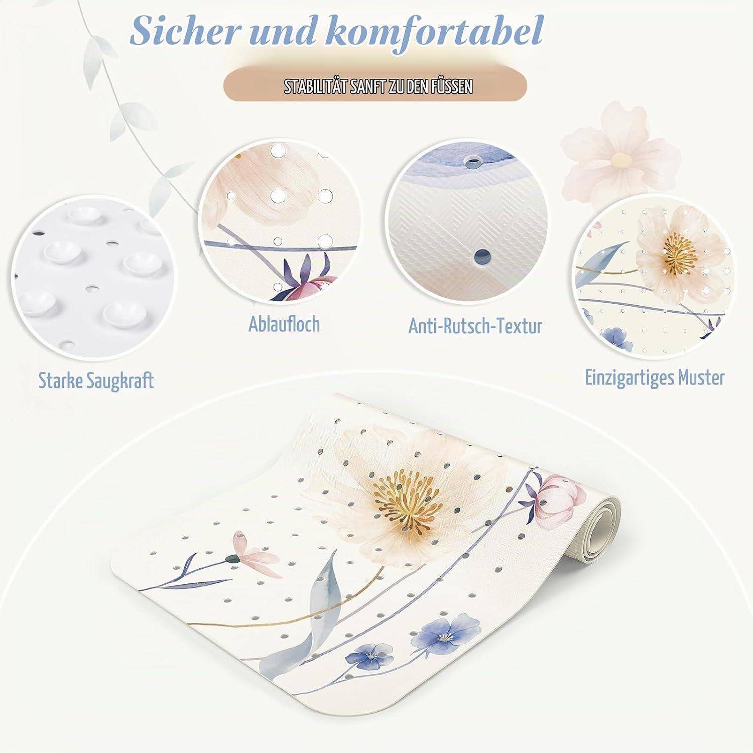 Werbebild einer rutschfesten Badmatte mit Blumenmuster mit starker Saugkraft, Ablöscher, rutschfester Oberfläche und einzigartigem Muster; der Text sagt „Sicher und komfortabel