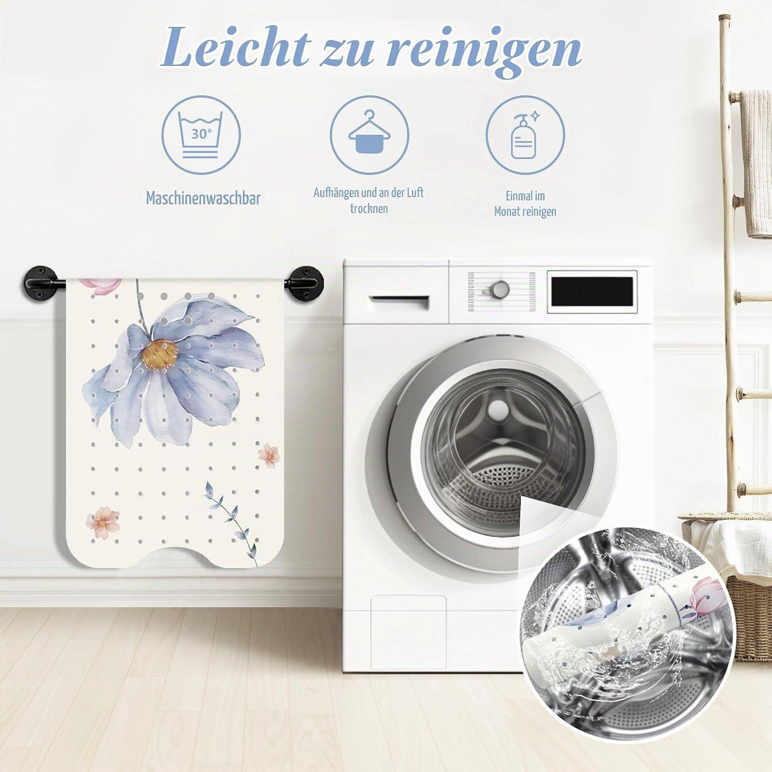 Deutsches Wäscherei-Anzeigen-Grafikelement mit einem Blumenmuster-Handtuch neben einer Waschmaschine, mit der Überschrift „Leicht zu reinigen