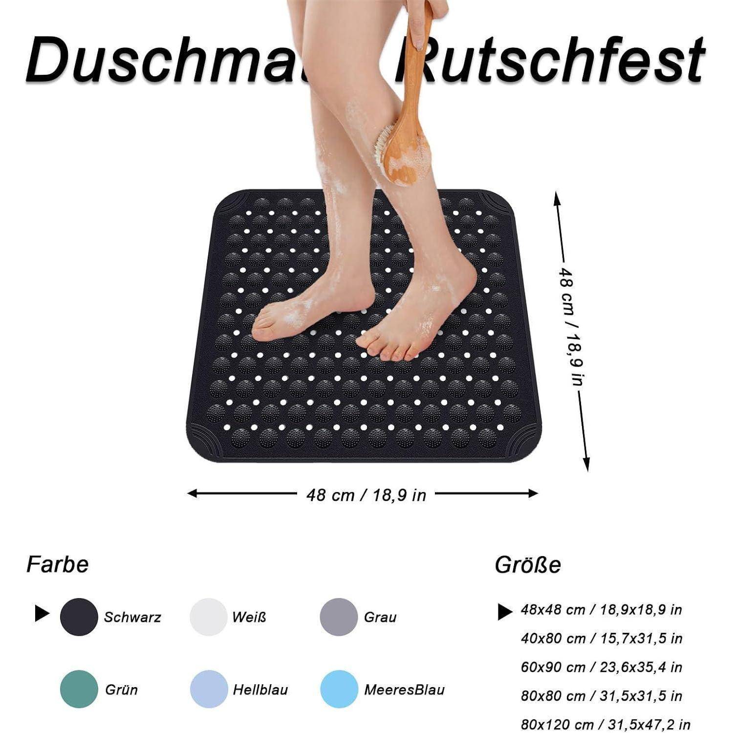 Produktbild einer quadratischen rutschfesten Duschmatte mit der Bezeichnung 'Duschmatte Rutschfest', dargestellt mit Füßen in Gebrauch; Abmessungen 48 cm x 48 cm und Farboptionen in Deutscher Sprache aufgelistet.