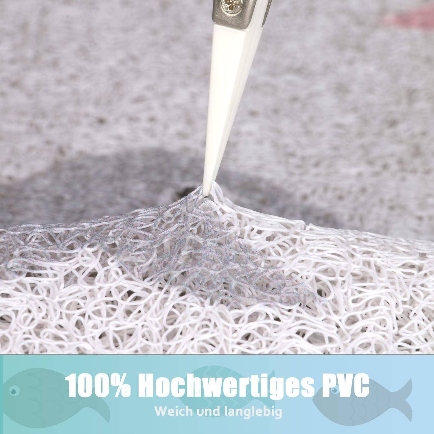 Nahaufnahme eines weißen Applikators, der Material auf eine strukturierte PVC-Oberfläche aufträgt, mit Bannertexten „100% hochwertiges PVC