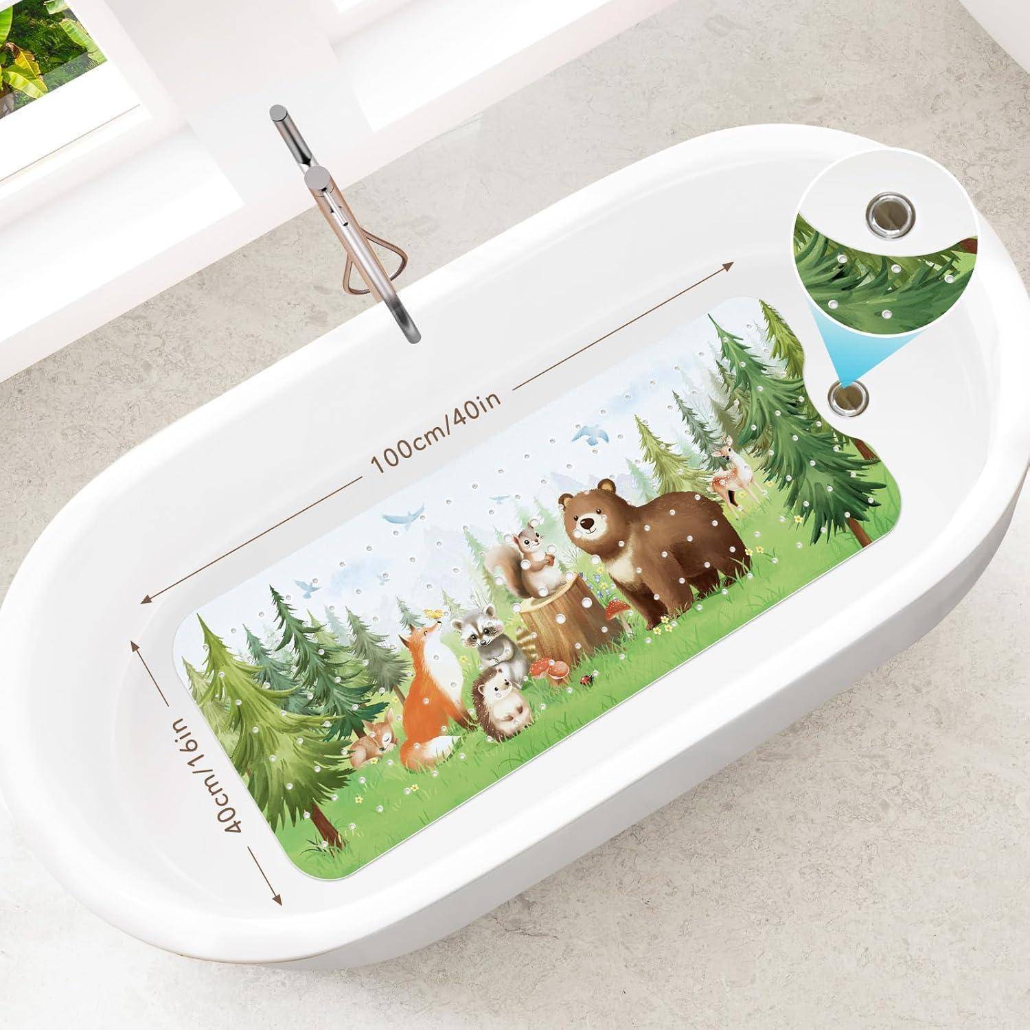 Weiße Badewanne mit einer eingebauten Waldtierszenerie im Inneren und Größenetiketten „100cm/40in" und „40cm/16in"".