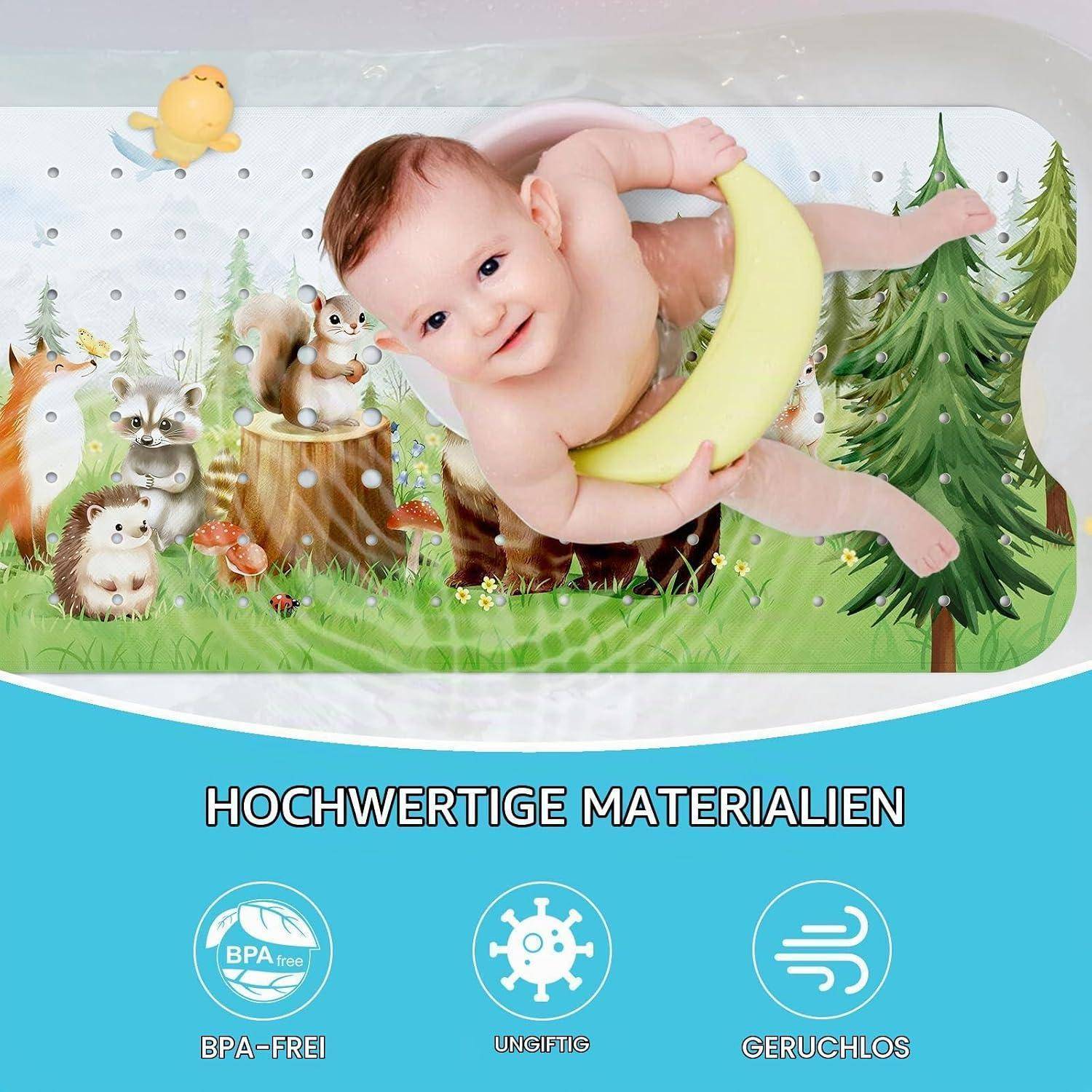 Baby, das auf einem halbmondförmigen gelben Schwimmring in einer phantasievollen Waldszene liegt; darunter deutsche Icons mit den Aufschriften „HOCHWERTIGE MATERIALIEN", „BPA-FREI"", „UNGIFTIG"", „GERUCHLOS"".