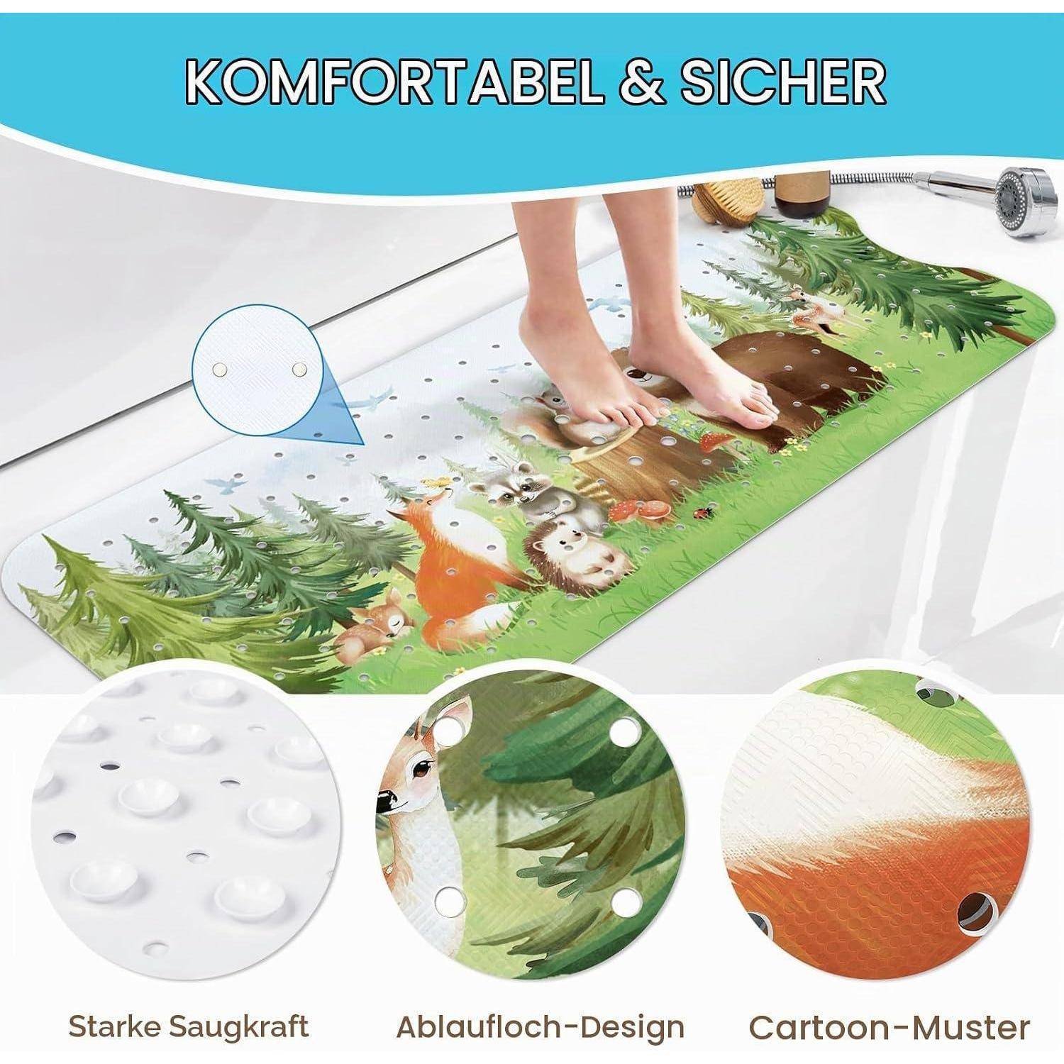 Illustration einer rutschfesten Badmatte mit Cartoon-Waldtieren, mit der Bezeichnung „KOMFORTABEL & SICHER", die Saugnapfbecher, Drainagelöcher und starke Griffeigenschaften zeigt.