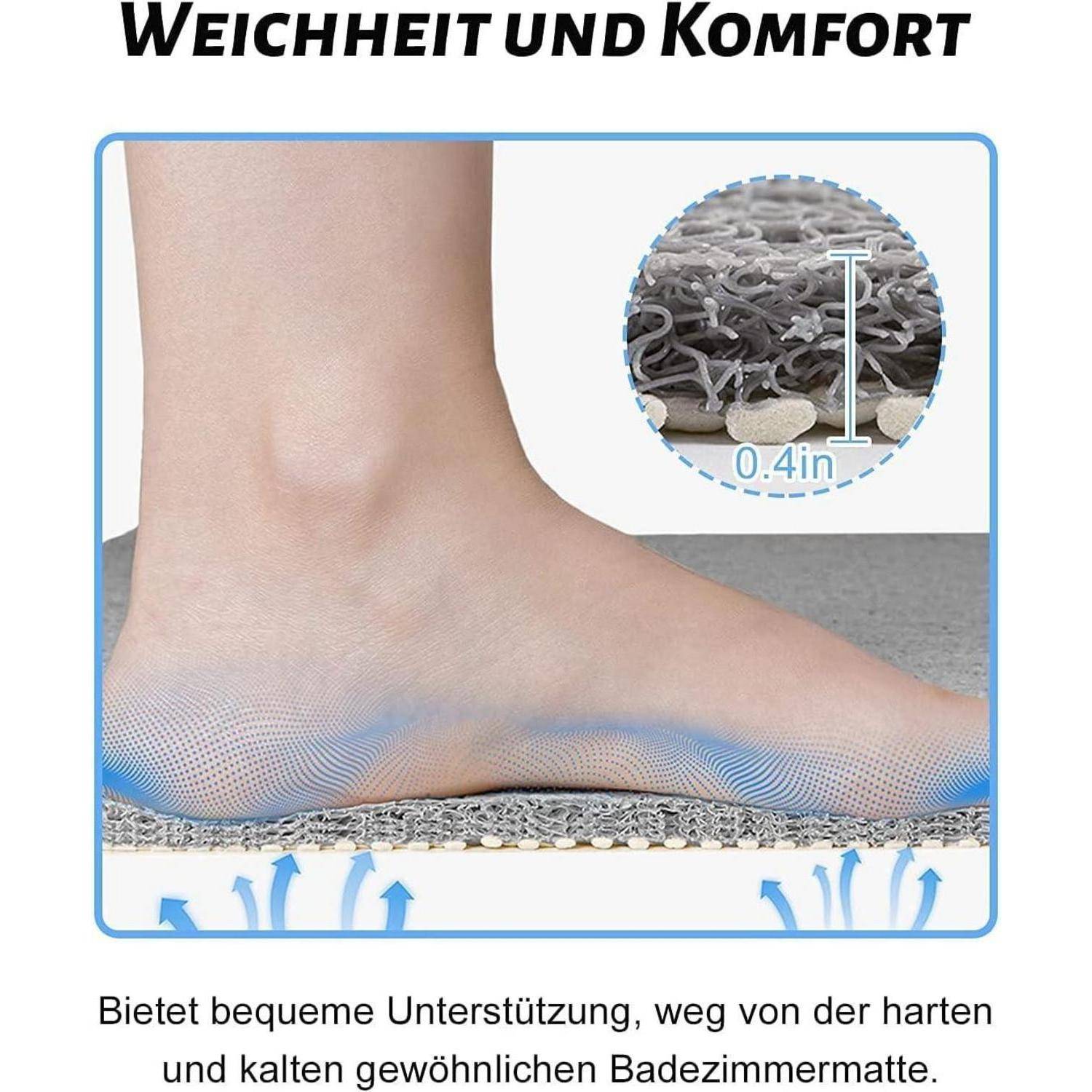 Fuß auf einer gepolsterten Badematte, die sanfte Unterstützung und Luftzirkulation zeigt; die Vergrößerung hebt das 0,4 Zoll dicke strukturierte Material hervor.