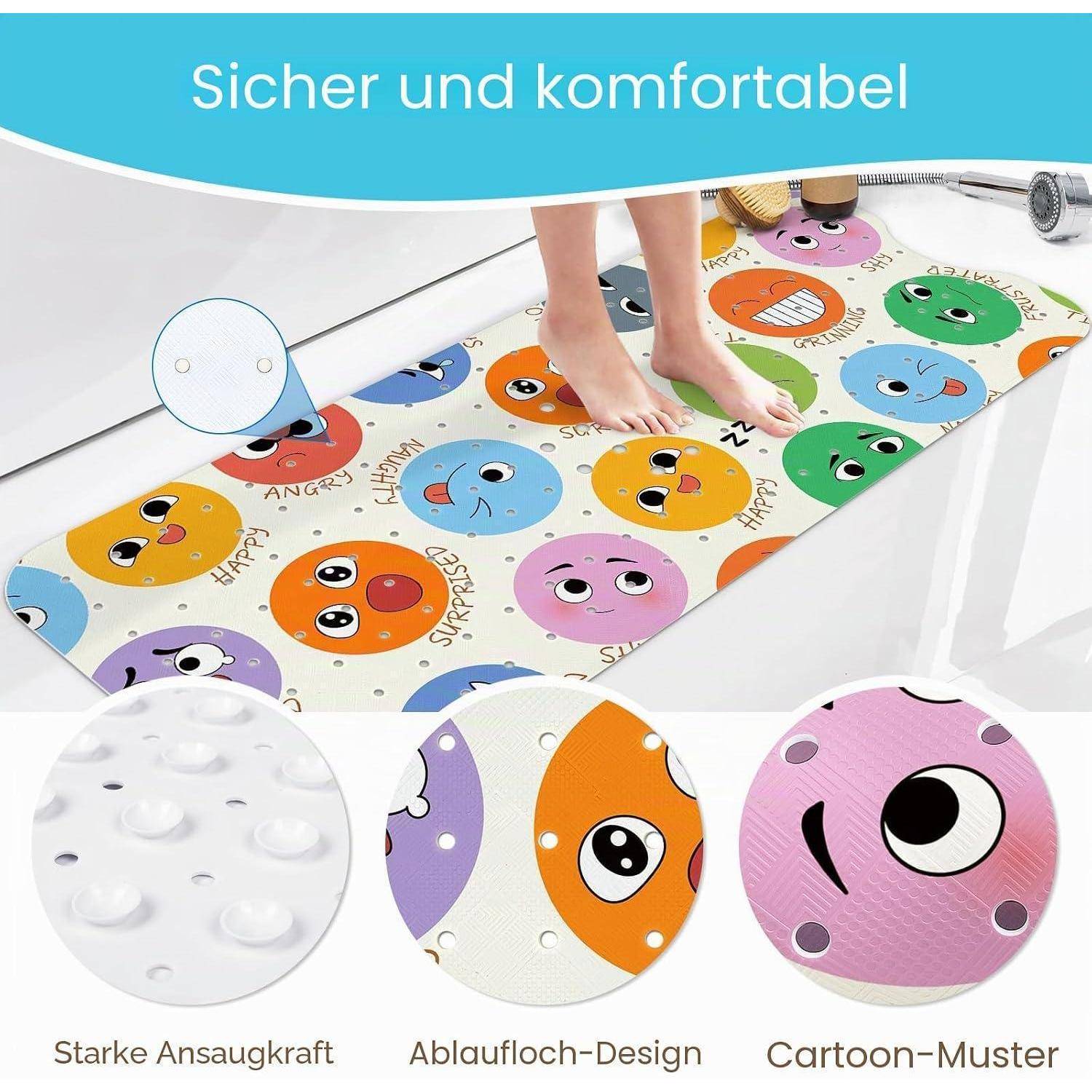 Eine Person steht auf einer Badematte mit Cartoon-Muster in einer Badewanne; deutscher Text sagt „Sicher und komfortabel" und hebt starke Saugkraft, Ablauflochabstimmung und Cartoon-Design hervor.