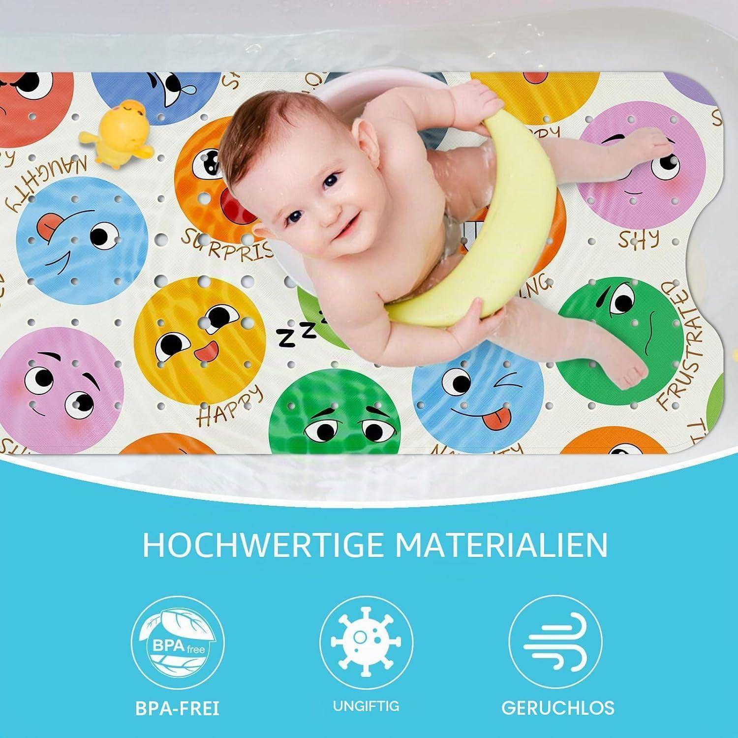 Lächelndes Baby in einem gelben bananenförmigen Badesitz auf einer farbenfrohen Matte mit Emotionsflächen; unteres Banner lautet „HOCHWERTIGE MATERIALIEN", „BPA-FREI"", „UNGIFTIG"", „GERUCHLOS"".