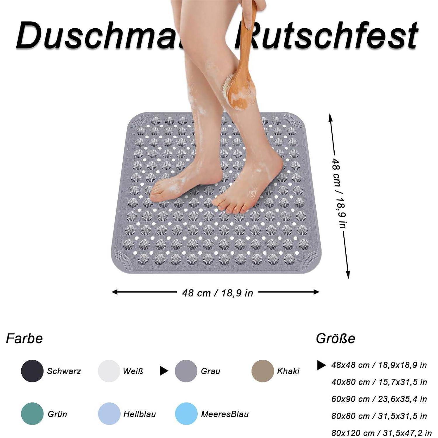 Produktbild einer rutschfesten Duschmatte mit der Bezeichnung 'Duschmatte Rutschfest', abgebildet mit einer Person, die darauf steht; Größe 48 x 48 cm und aufgelistete Farboptionen.