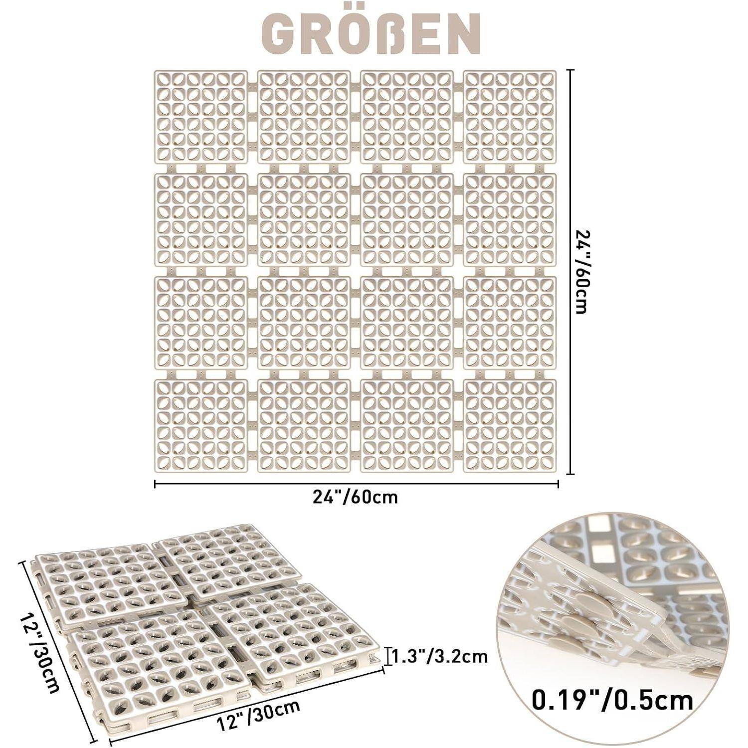 Diagramm einer grünen modularen Bodenfliesen-Platte: 24 x 24 Zoll (60 x 60 cm), 1,3 Zoll (3,2 cm) dick, hergestellt aus verschachtelten 12 x 12 Zoll Abschnitten mit Drainagelöchern.