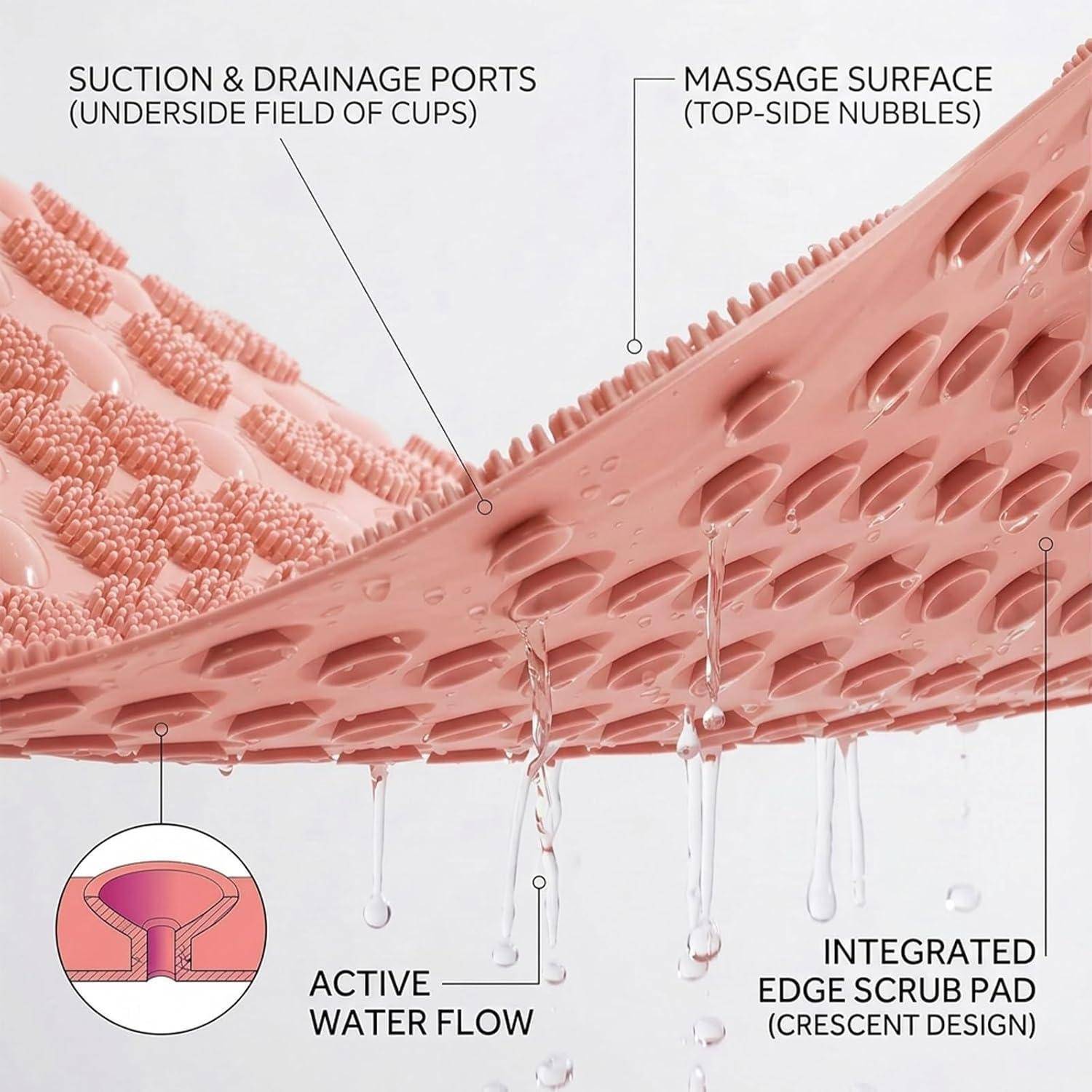 Diagramm eines rosa Reinigungspads mit Saug- und Drainageöffnungen auf der Unterseite, Massagefläche auf der Oberseite, aktiver Wasserdurchfluss und integriertem Kantenschrubppad.