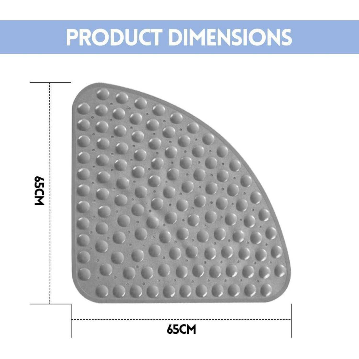Produktabmessungen-Diagramm mit einer grau strukturierten Viertelkreismatte, 65 cm hoch und 65 cm breit, mit der Bezeichnung 
