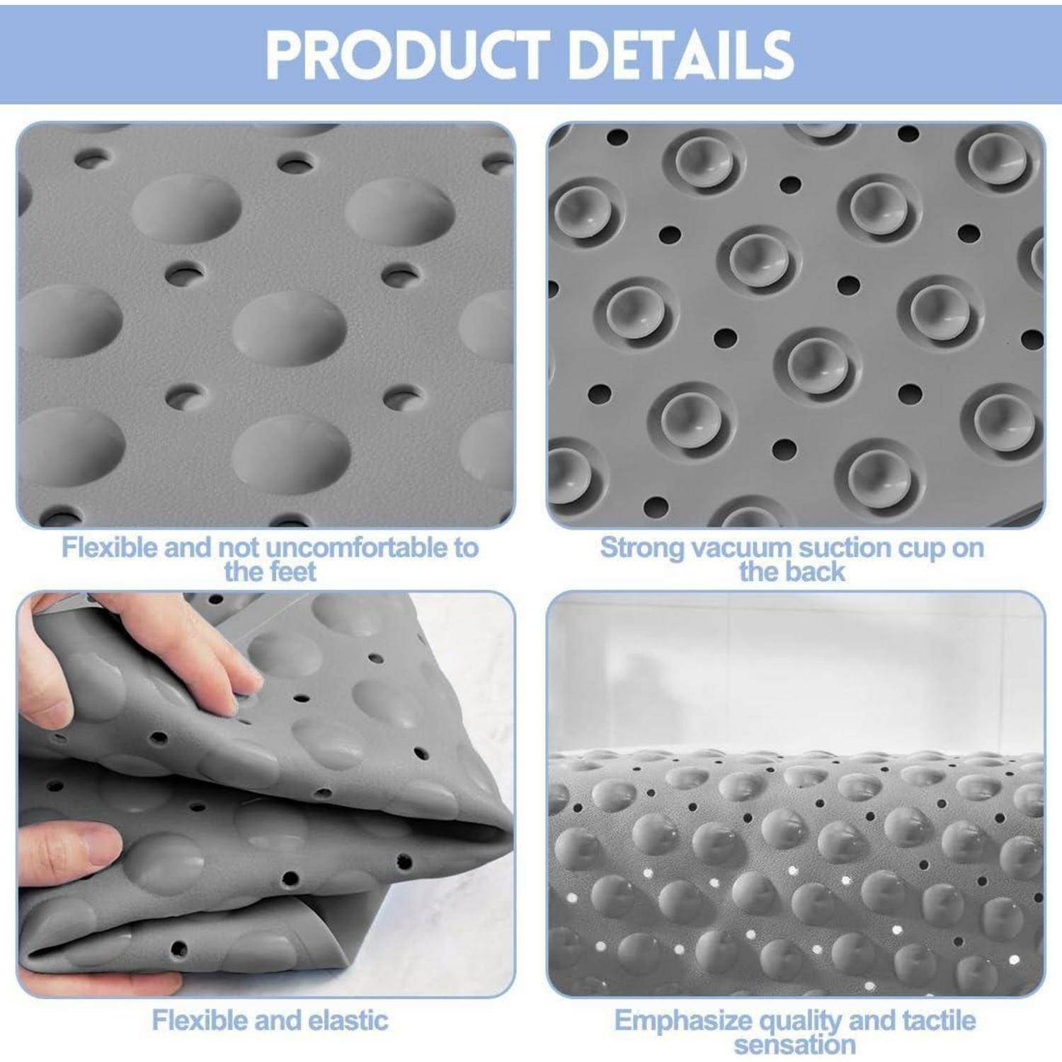 Produktdetails zeigen eine graue strukturierte Matte mit großen kreisförmigen Noppen und Saugnäpfen, die Flexibilität, elastisches Gefühl und Saughaftung für Fußkomfort hervorheben.