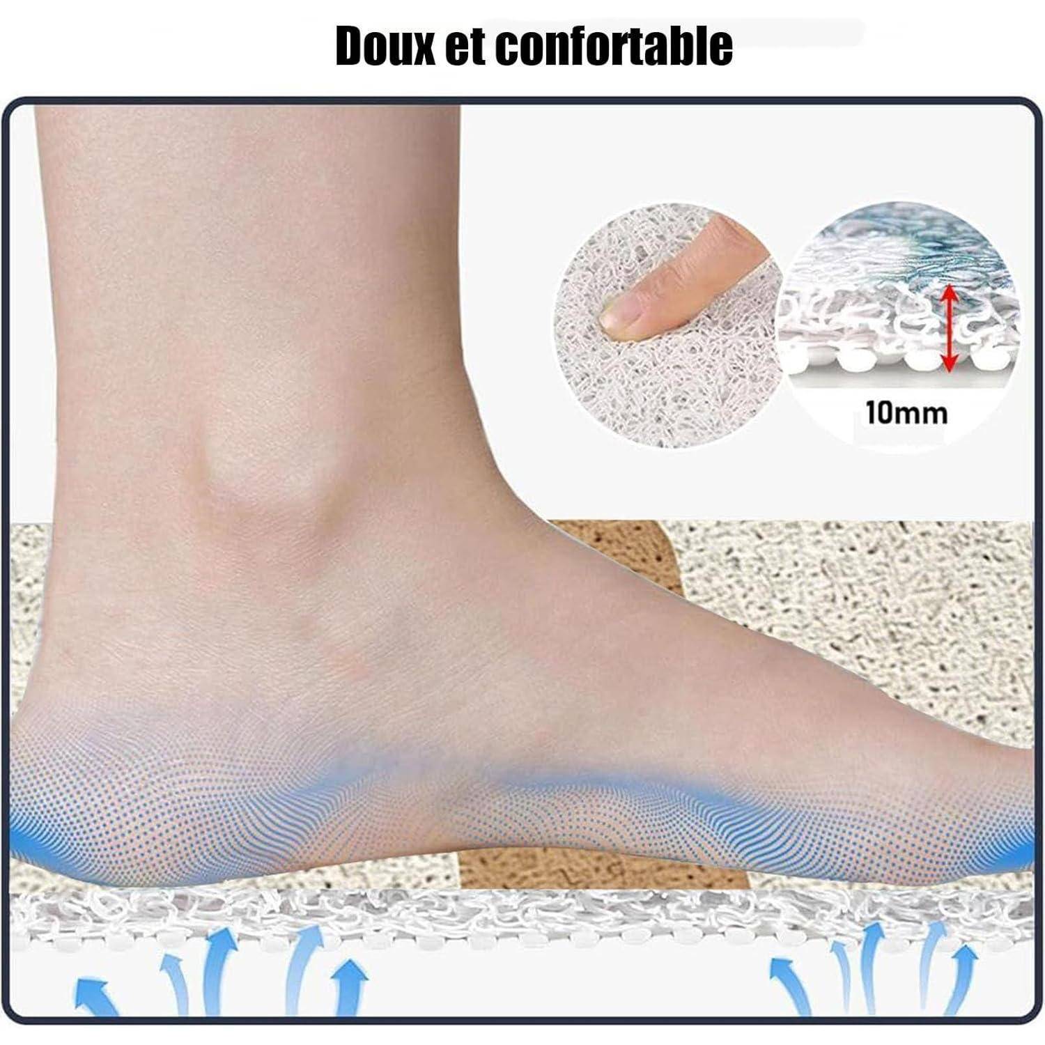 Fuß ruht auf gepolsterter Innensohle oder Matte mit der Aufschrift „Doux et confortable", die eine atmungsaktive, 10 mm dicke Polsterung für Komfort und Halt bietet.