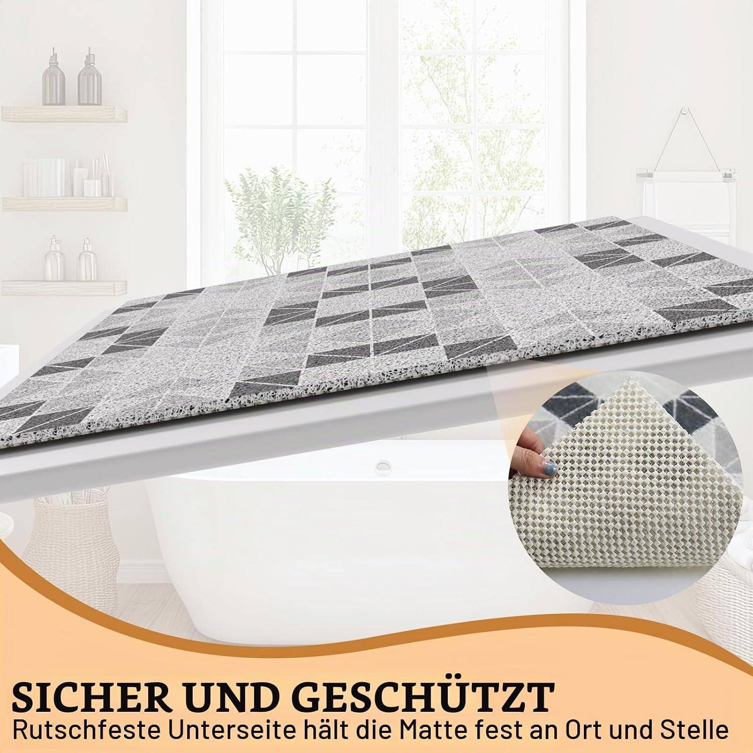 Produktpromo mit einer grau gemusterten Matte auf einer geneigten Fläche mit einer Nahaufnahme ihrer rutschfesten Unterseite; der Text lautet „SICHER UND GESCHÜTZT