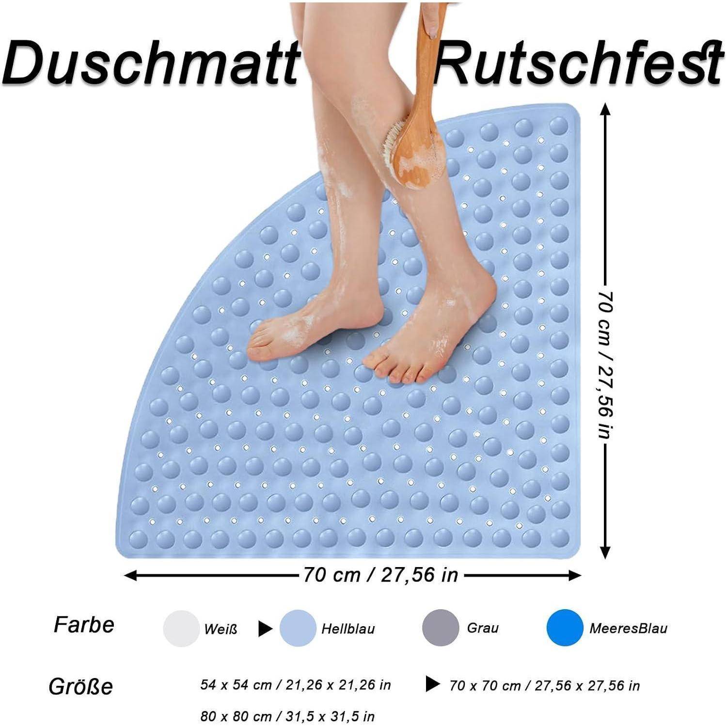 Blaubraune Badezimmermatte mit Saugnapfnummern, gezeigt unter nassen Füßen; beschriftet mit 