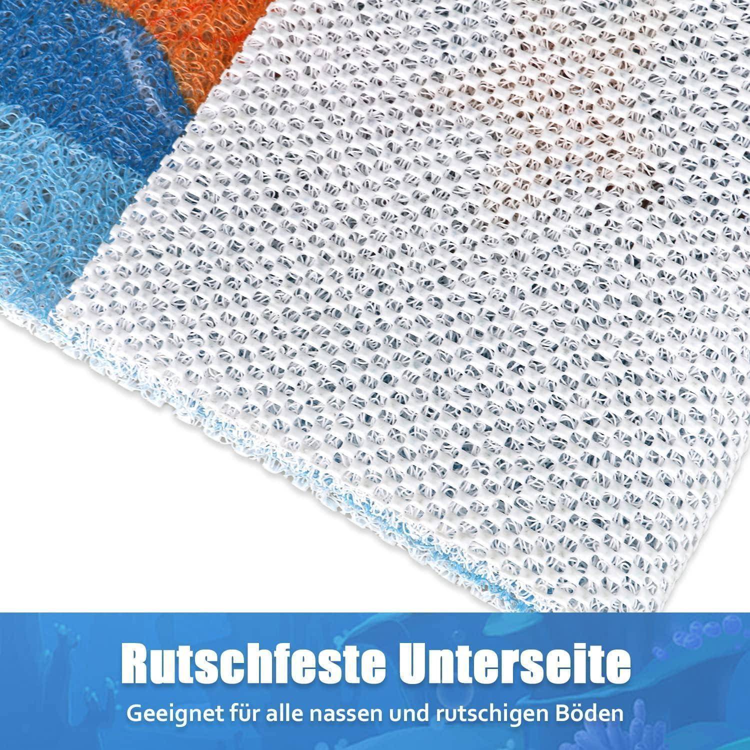 Nahaufnahme einer strukturierten rutschfesten Matte; Text sagt „Rutschfeste Unterseite" und „Geeignet für alle nassen und rutschigen Böden"".