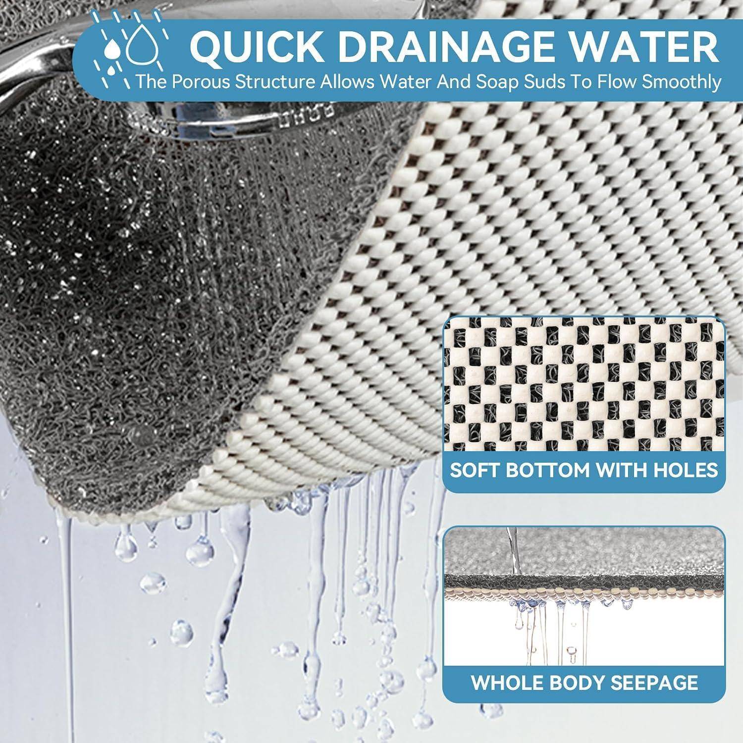 Produktgrafik zeigt eine strukturierte Badmatte mit „SCHNELLE WASSERABLEITUNG